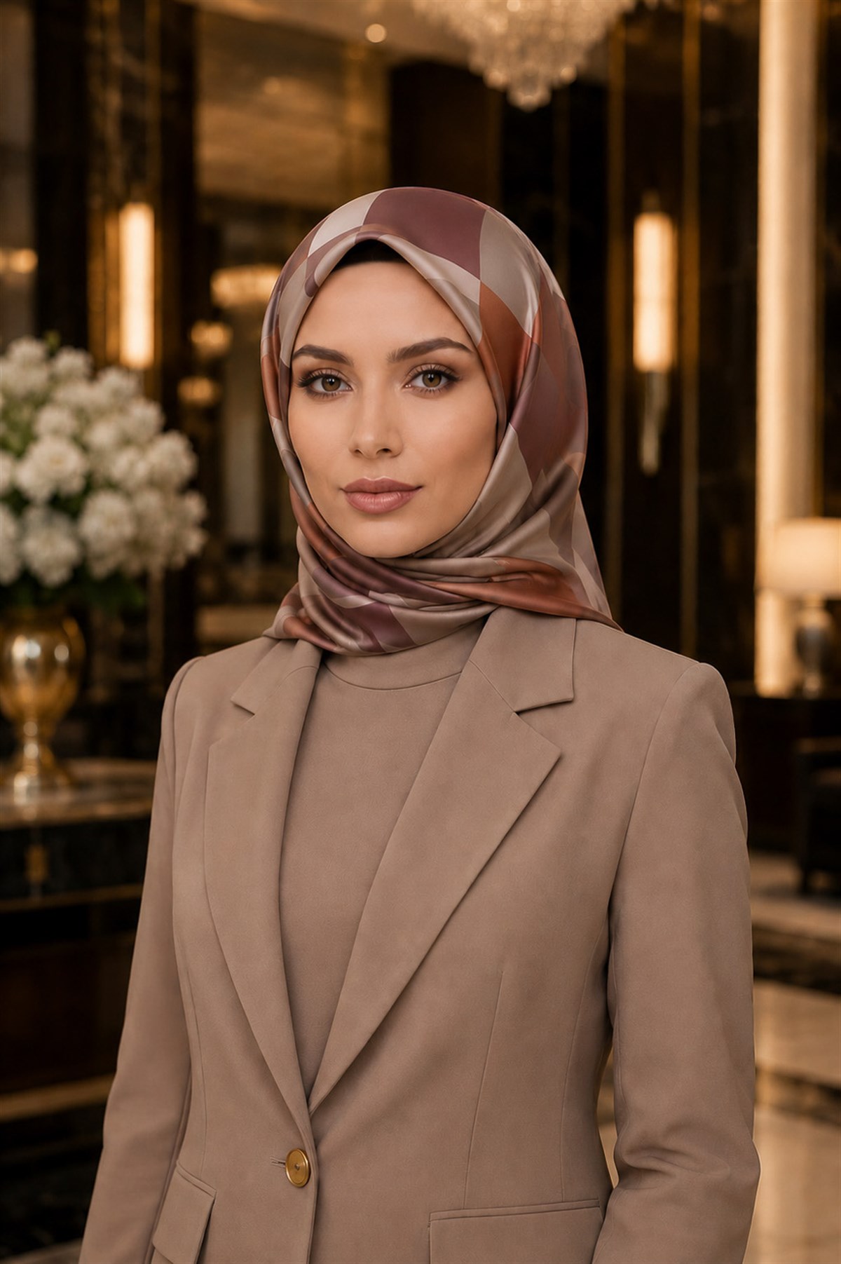 %100 Twill İpek Geometrik Desenli Kahverengi - Taba Renkli 90x90 Eşarp Dikim Şekli : El Dikişi