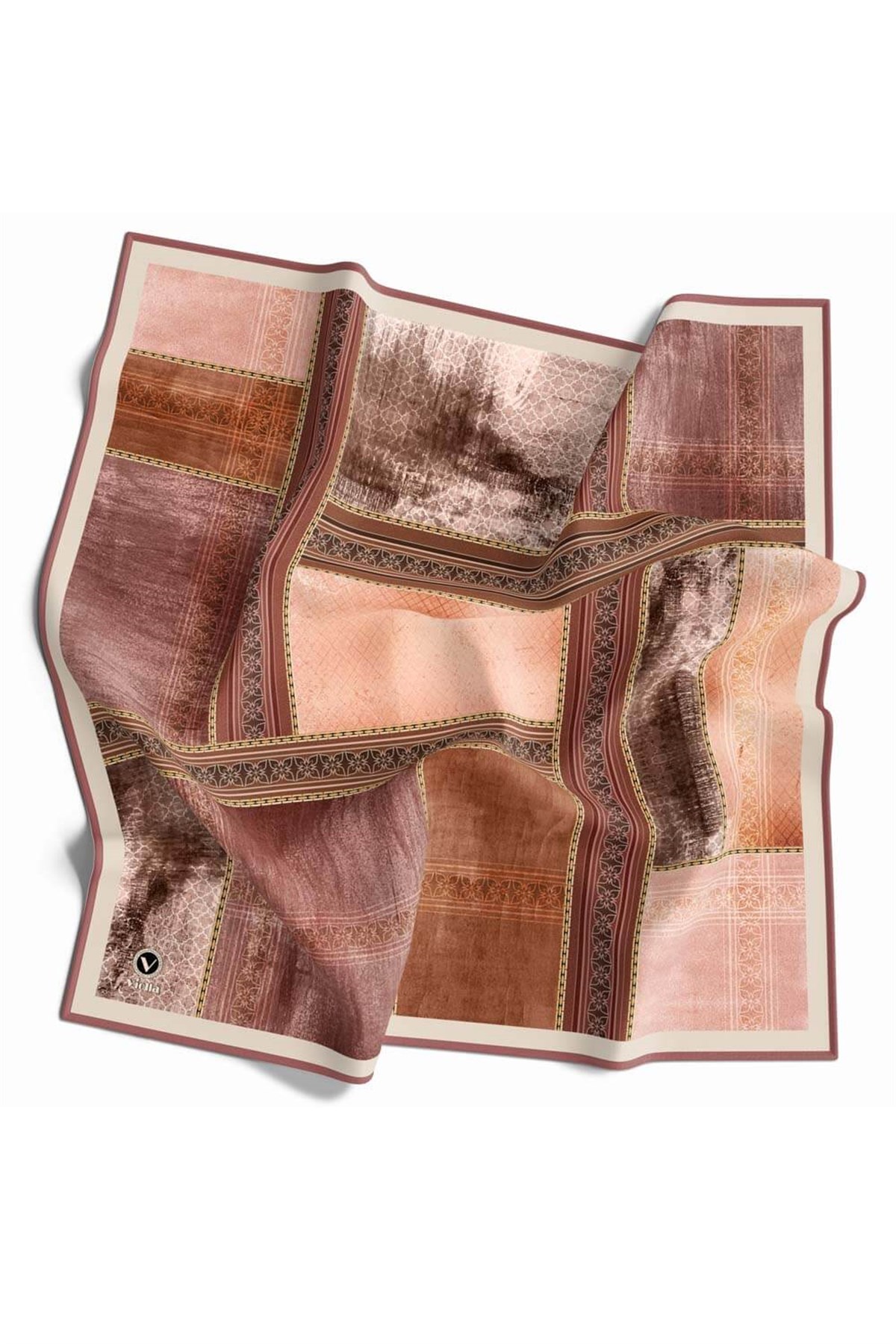 Twill Dokulu Ve Geometrik Desenli Pudra Renkli 90x90 Eşarp (İpek İçermez) Dikim Şekli : El Dikişi