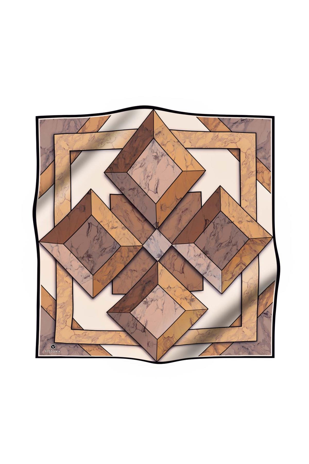 %100 Twill İpek Mermer Desenli Hardal - Bej Renkli 90x90 Eşarp Dikim Şekli : El Dikişi