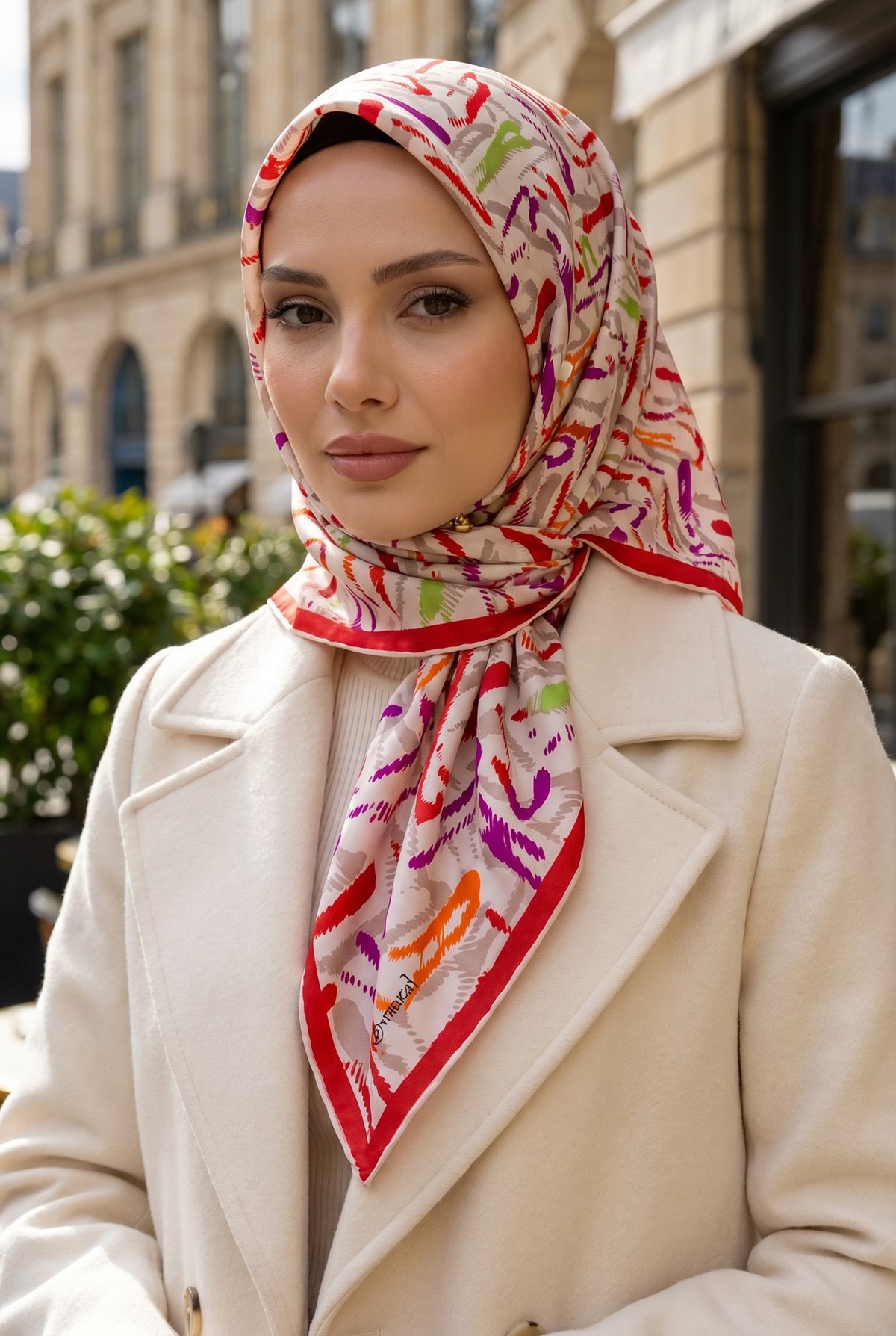 %100 Twill İpek Geometrik Desenli Kırmızı- Mürdüm Renkli 90x90 Eşarp Dikim Şekli : El Dikişi