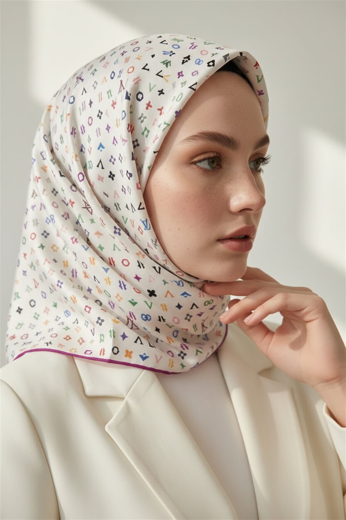 %100 Twill İpek Çıtır Motif Desenli Krem - Fuşya Renkli 90x90 Eşarp Dikim Şekli : El Dikişi