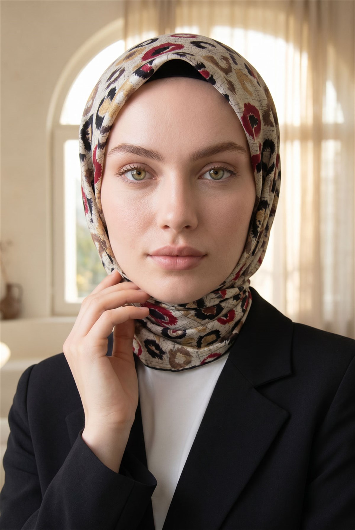 %100 Twill İpek Renkli Leopari Desenli Kırmızı - Siyah Renkli 90x90 Eşarp Kenar Dikiş Şekli El Dikişli