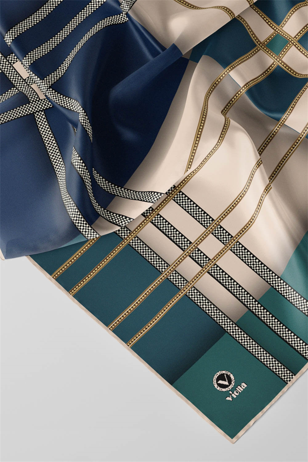 Twill Geometrik Desenli Petrol Yeşili - İndigo Renkli 90x90 Eşarp (İpek İçermez) Kenar Dikiş Şekli El Dikişli