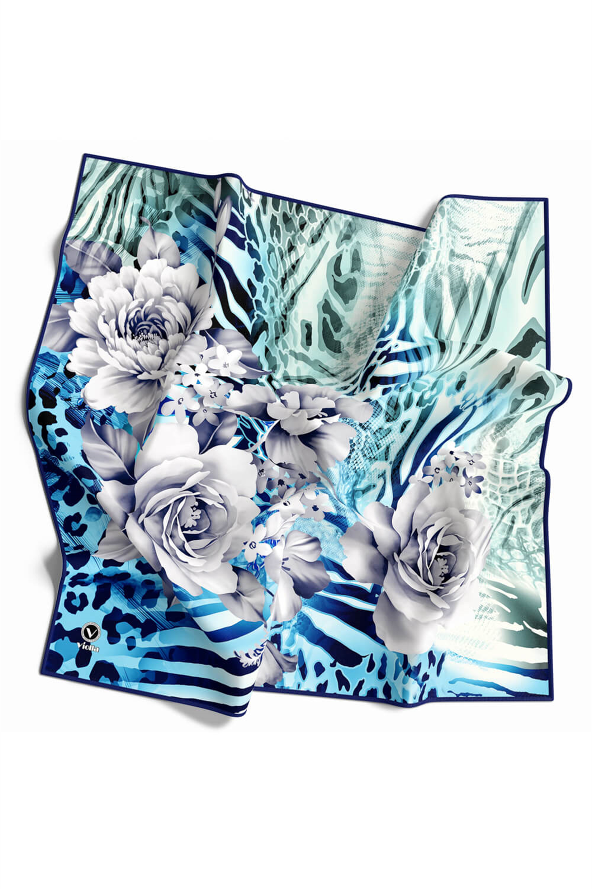 Twill Renkli Şerit Desenli Bebe Mavisi - Mint Yeşili Renkli 90x90 Eşarp (İpek İçermez) Kenar Dikiş Şekli El Dikişli