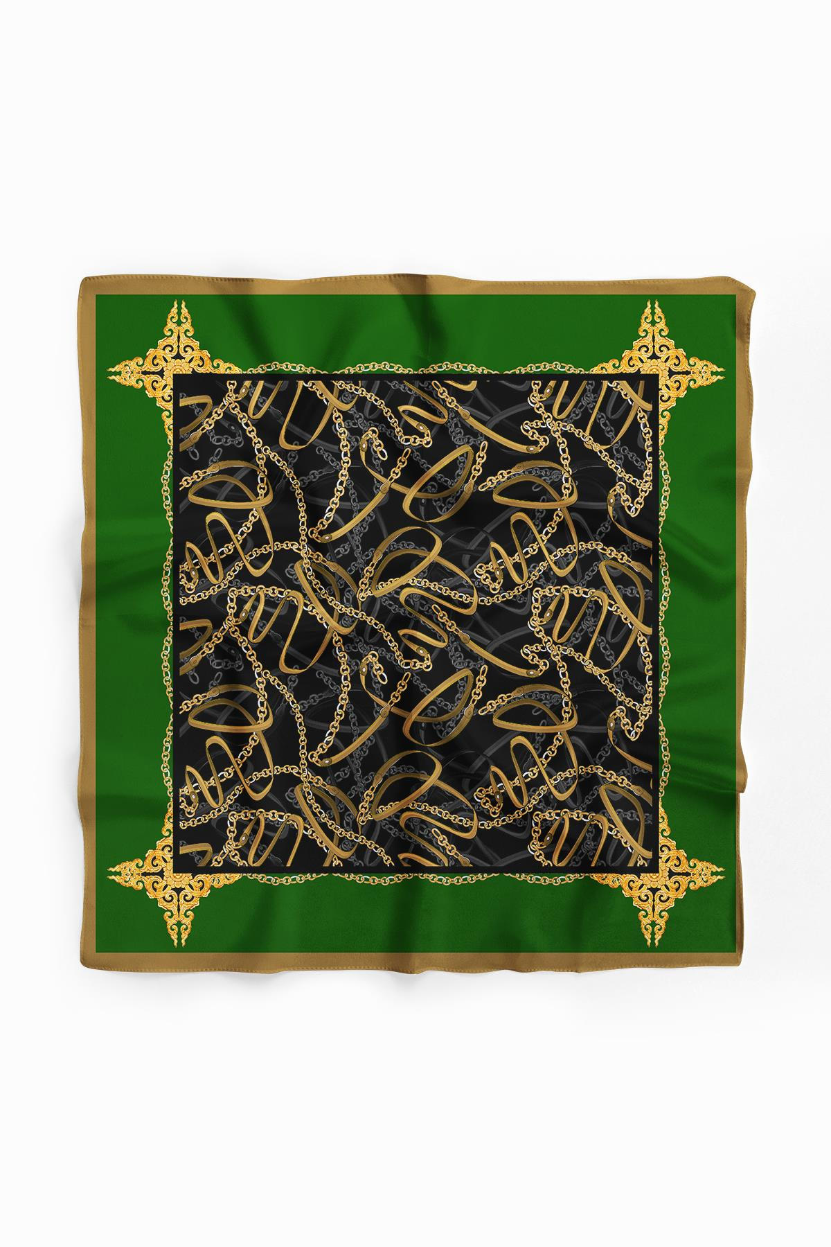 D114 Kadın Zincir  Desenli Bandana 50x50 Yeşil DG0221-22