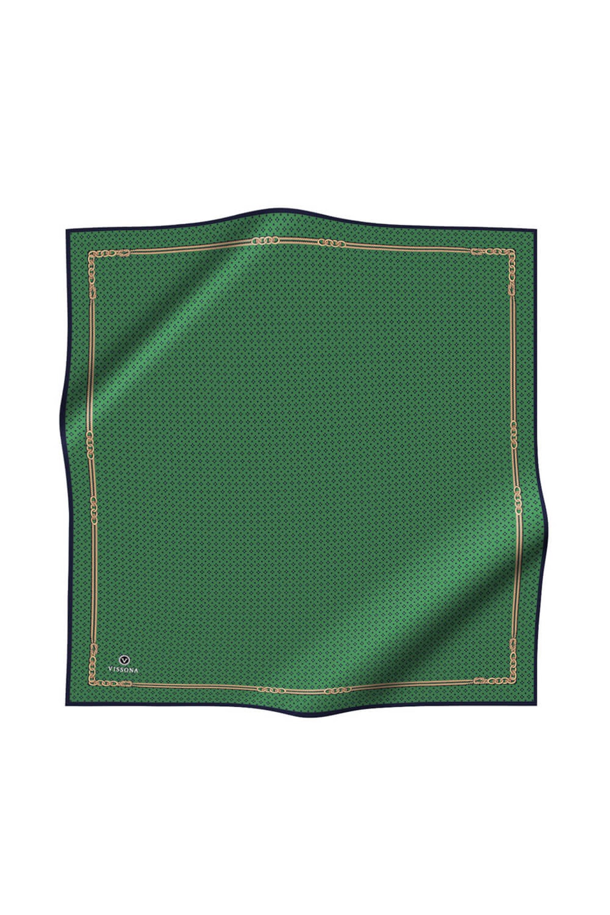 %57 İPEK %43 VİSKON Twill İpek Zincir Desenli Zümrüt Yeşili - Siyah Renkli 90x90 Eşarp Dikim Şekli : El Dikişi