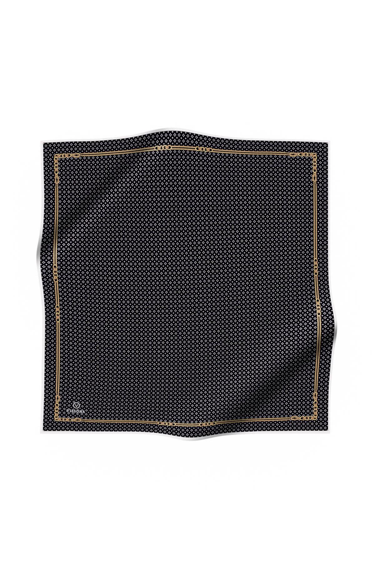 %100 Twill İpek Zincir Desenli Siyah - Krem Renkli 90x90 Eşarp Dikim Şekli : El Dikişi