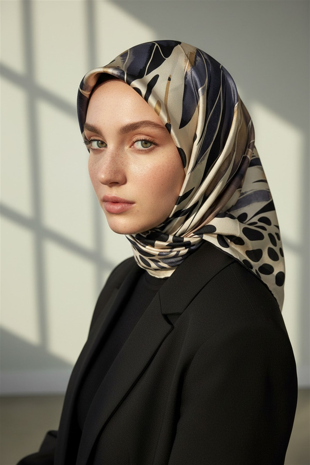 %100 Twill İpek Amazon Desenli Gri- Bej Renkli 90x90 Eşarp Kenar Dikiş Şekli El Dikişli
