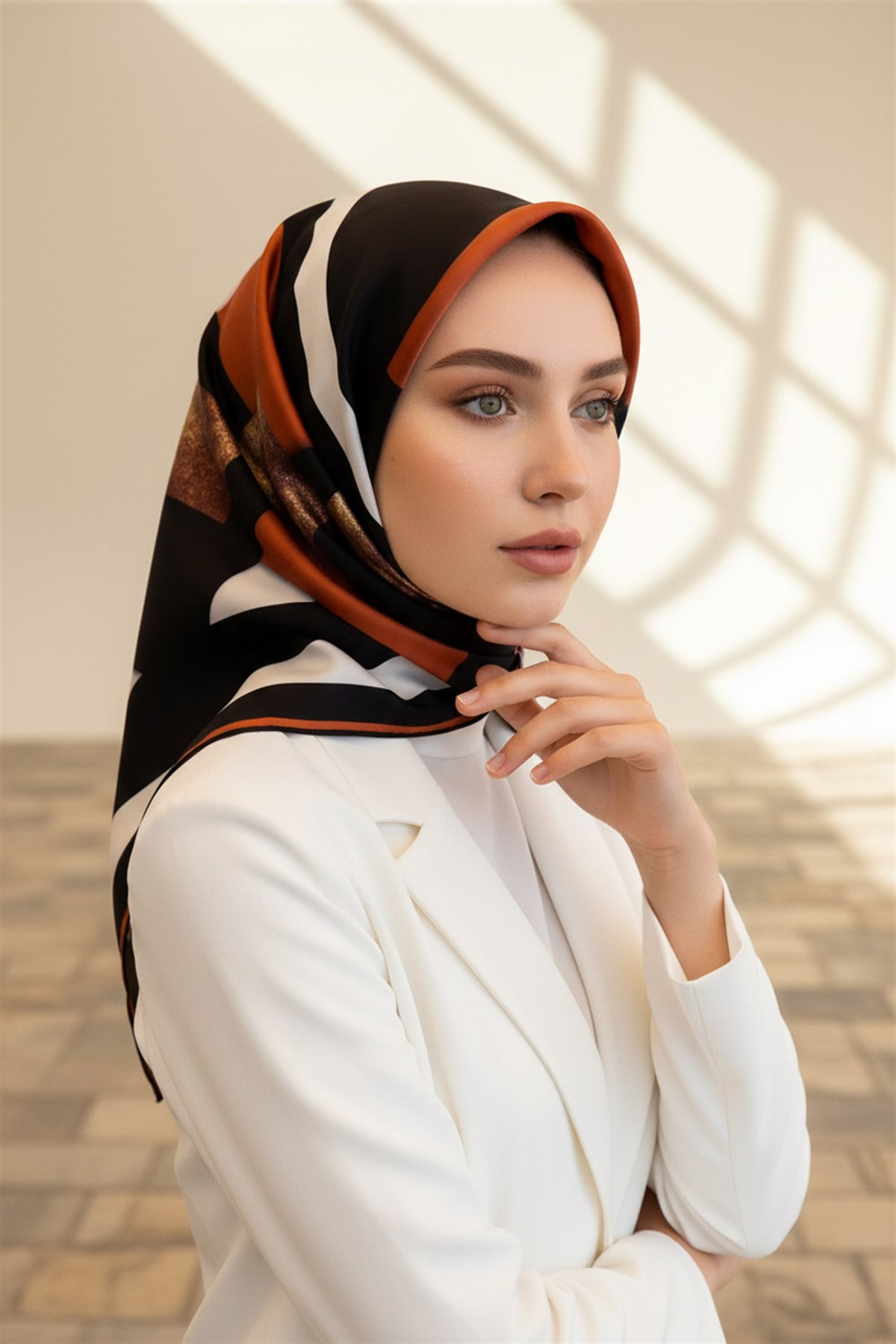 %100 Twill İpek Karo Desenli Siyah - Taba Renkli 90x90 Eşarp Dikim Şekli : El Dikişi