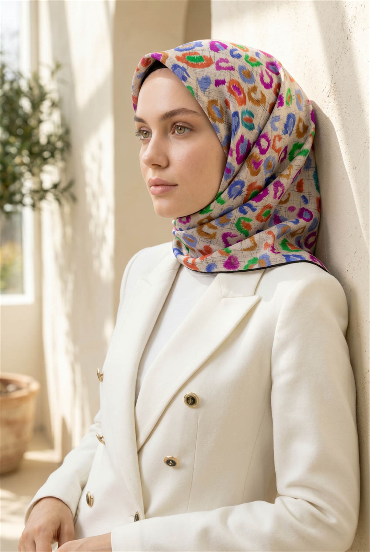 %100 Twill İpek Renkli Leopari Desenli Turuncu - Saks Renkli 90x90 Eşarp Kenar Dikiş Şekli El Dikişli
