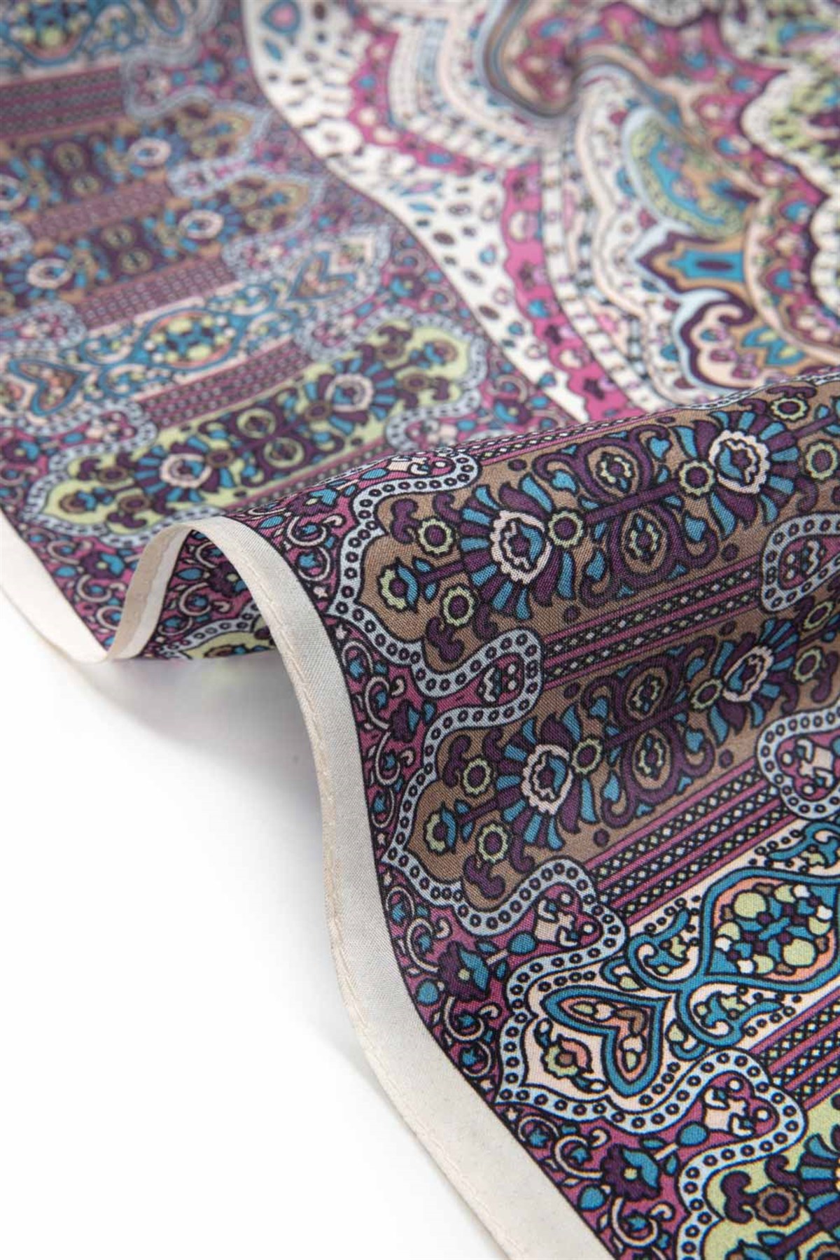 100% İpek Etnik Desenli Krem - Gül Kurusu Renkli 92x210 Şal