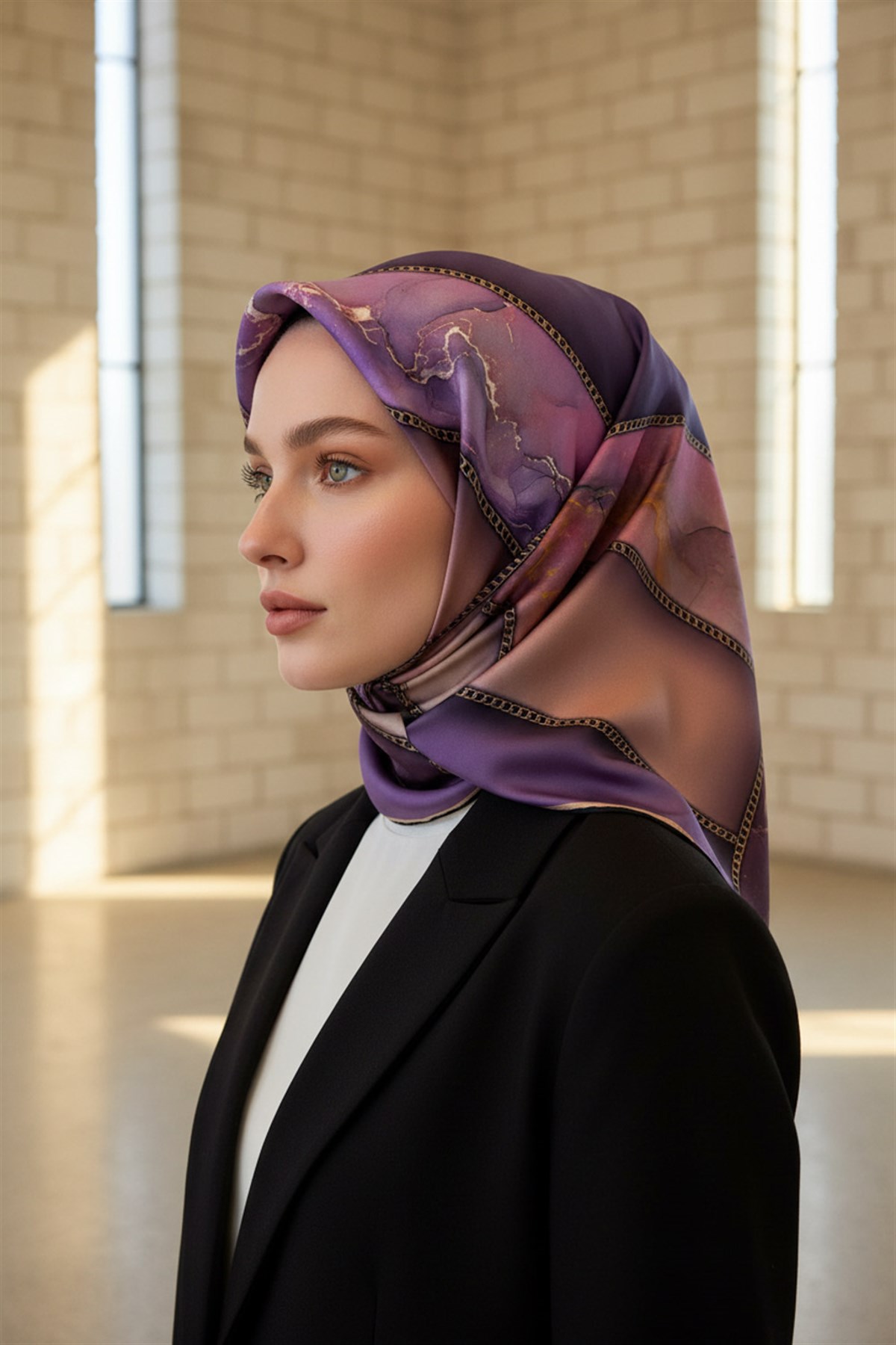 % 57 İPEK % 43 VİSKON Twill İpek Efektli Bant Desenli Mor - Pudra Renkli 90x90 Eşarp Dikim Şekli : El Dikişi