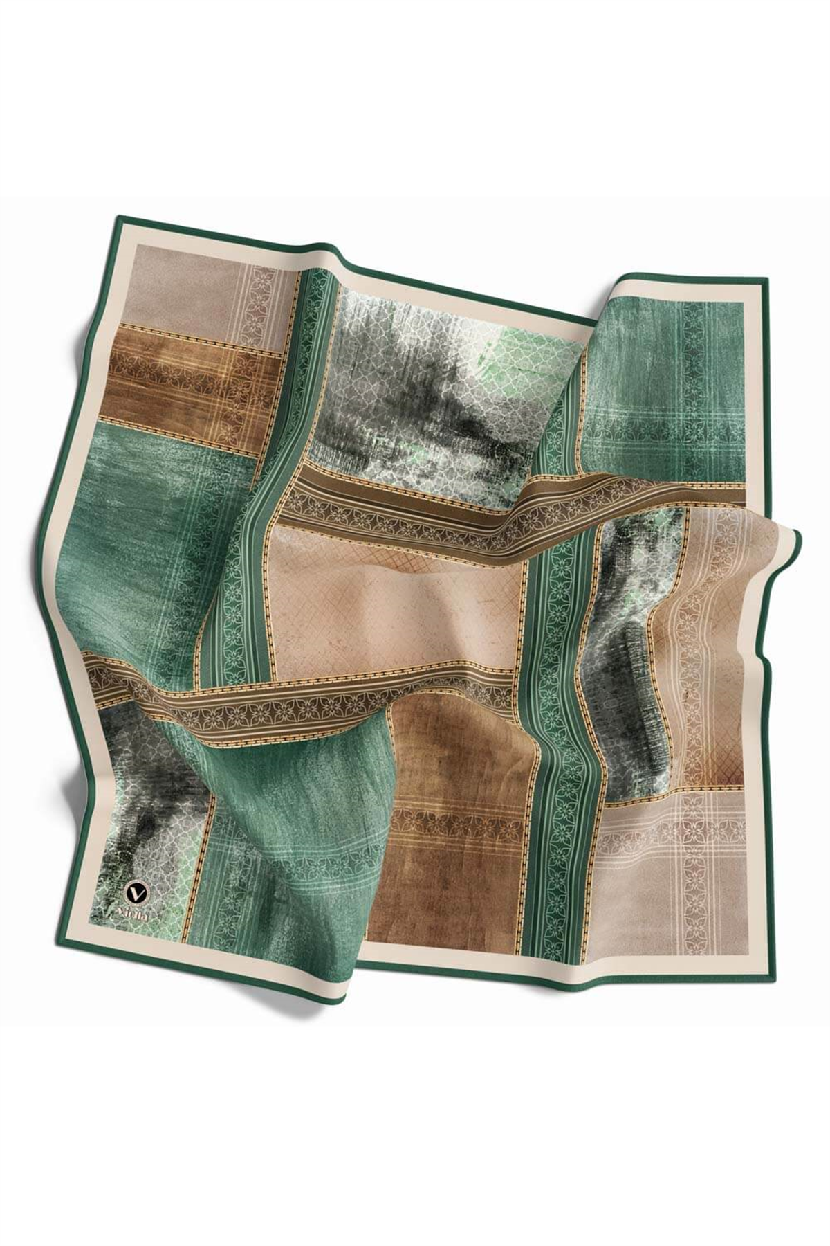Twill Dokulu Ve Geometrik Desenli Petrol Yeşili Renkli 90x90 Eşarp (İpek İçermez) Dikim Şekli : El Dikişi