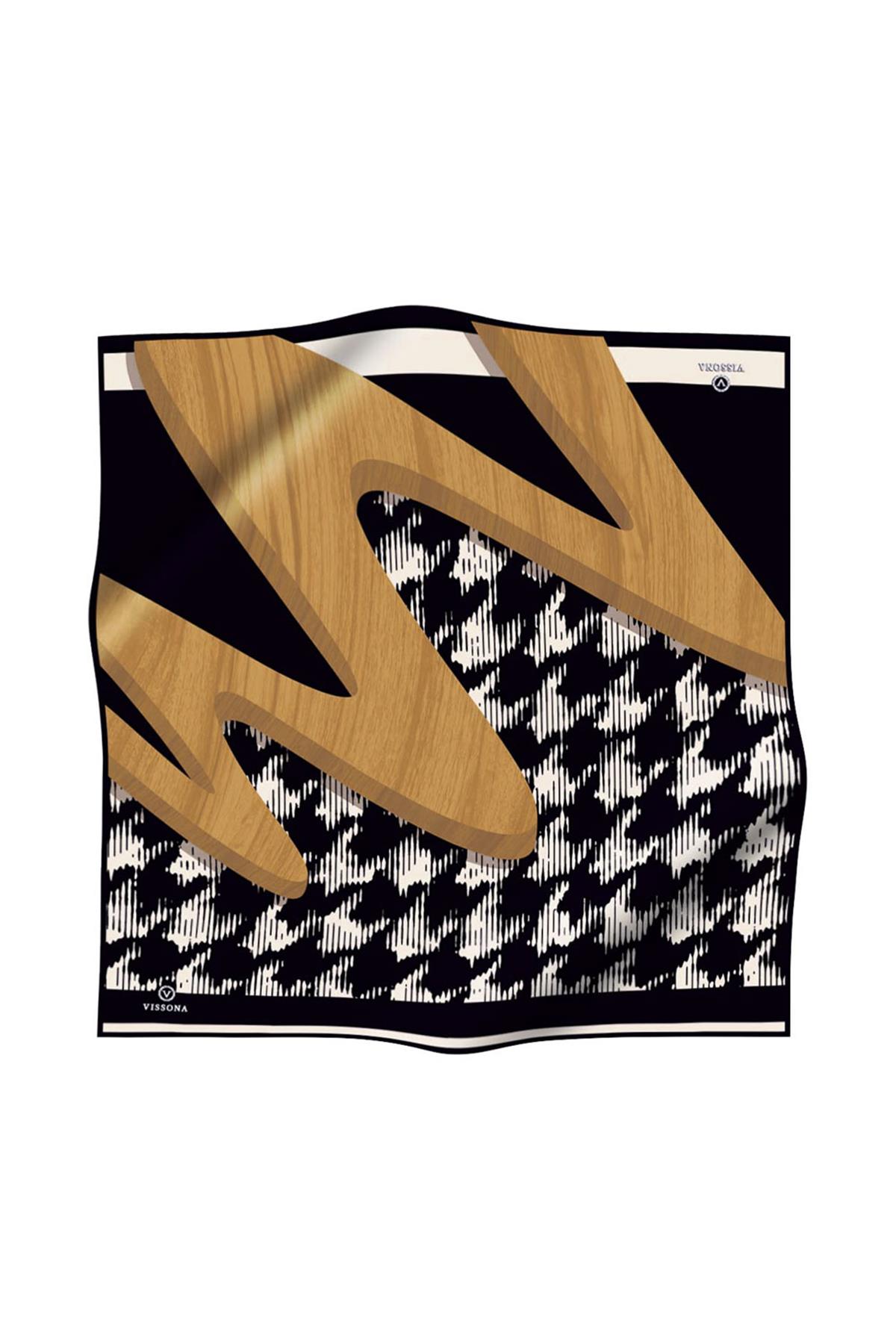 %100 Twill İpek Kazayağı Desenli Gold - Siyah Renkli 90x90 Eşarp Kenar Dikiş Şekli El Dikişli