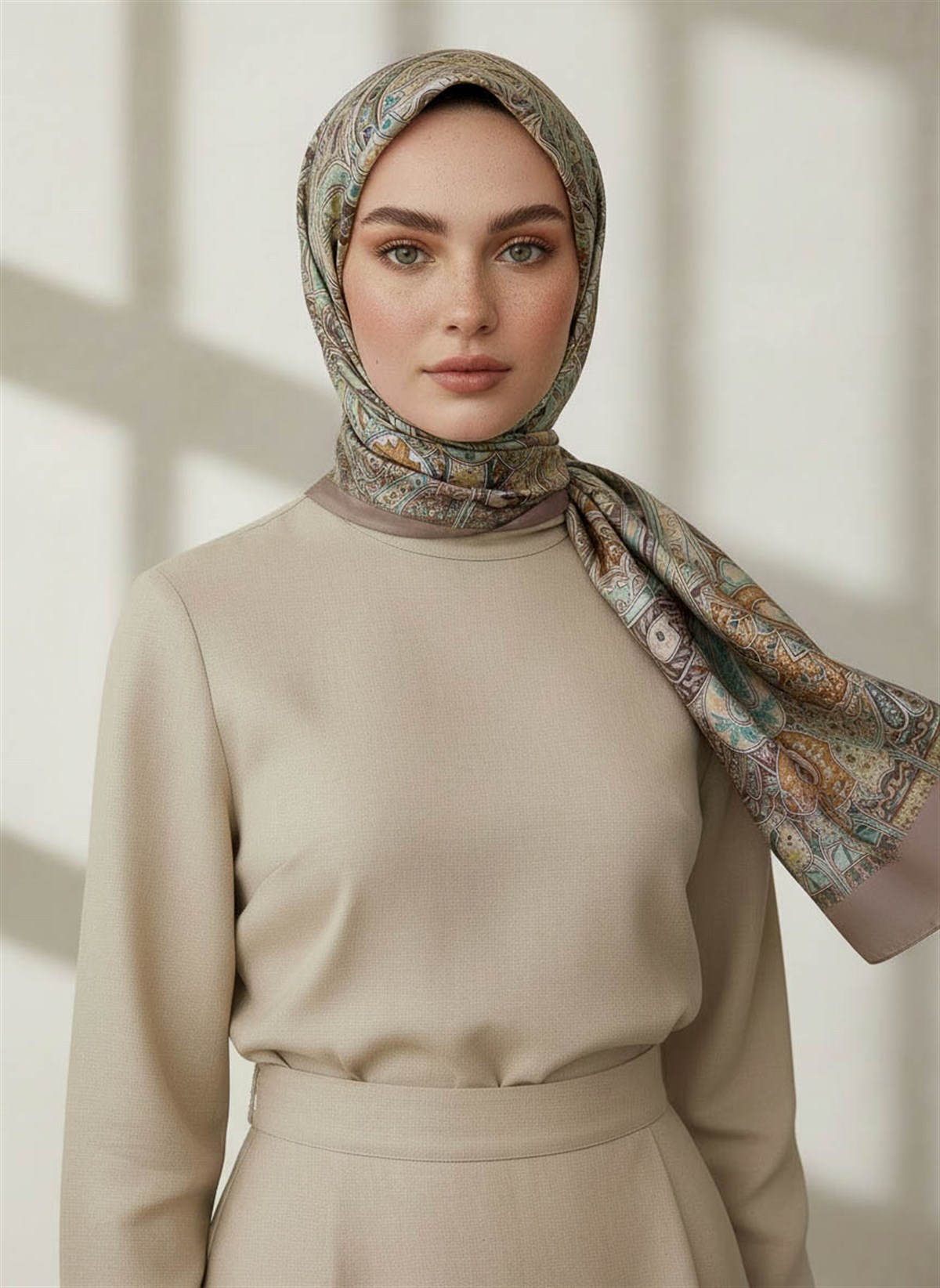 %100 Saf İpek Şal İnce Saten Vual Dokuma Etnik Desenli Taş Renkli 90x210 Şal