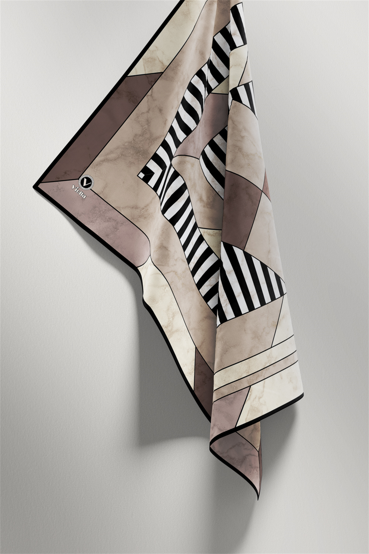 Twill Çizgili Geometrik Mermer Desenli Taş Renkli 90x90 Eşarp (İpek İçermez) Kenar Dikiş Şekli El Dikişli