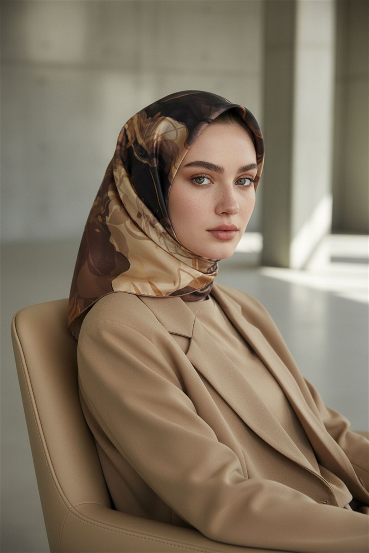 %100 Twill İpek Çiçekli Sulu Boya Dalga Desenli Hardal - Vizon Renkli 90x90 Eşarp Dikim Şekli : El Dikişi