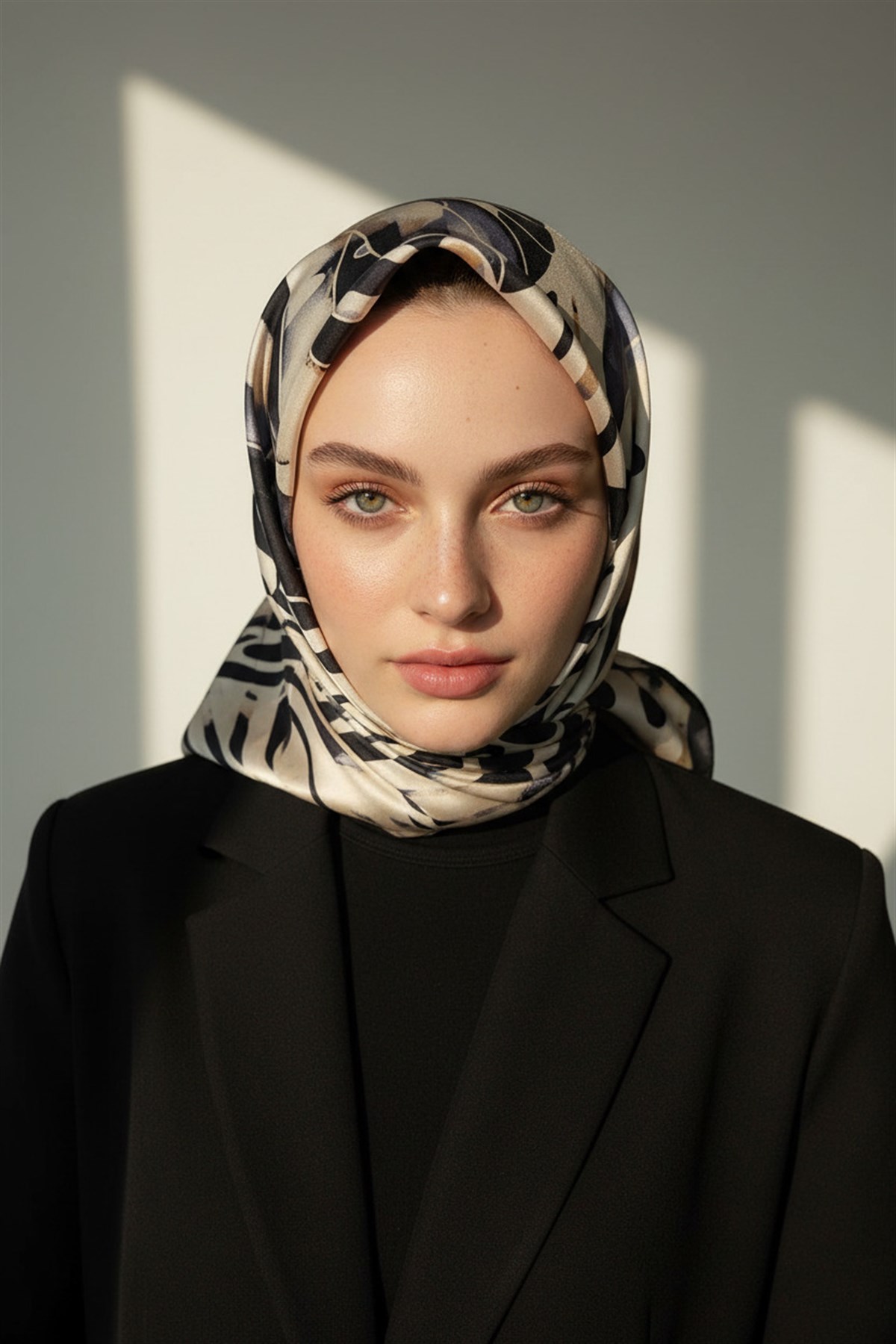 %100 Twill İpek Amazon Desenli Gri- Bej Renkli 90x90 Eşarp Kenar Dikiş Şekli El Dikişli