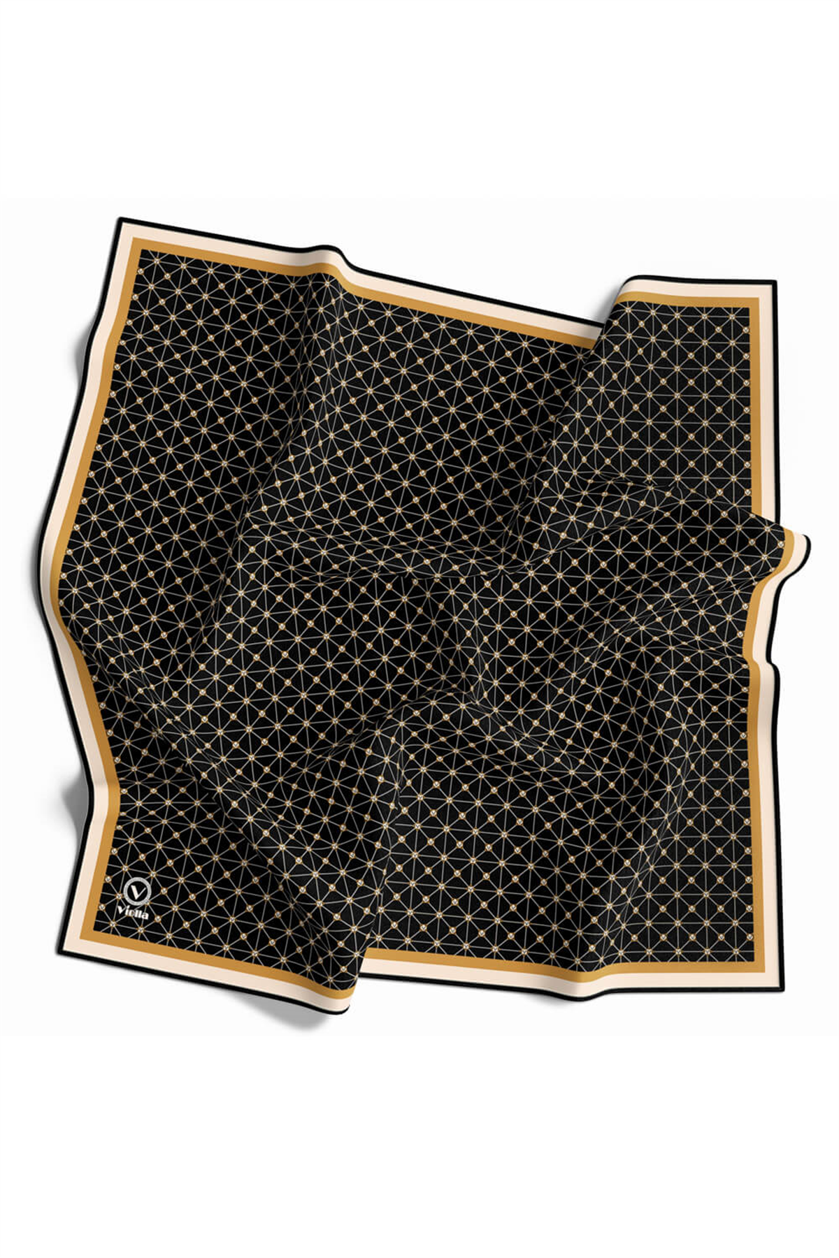 Twill Monogram Desenli Siyah - Gold Renkli 90x90 Eşarp (İpek İçermez) Kenar Dikiş Şekli El Dikişli