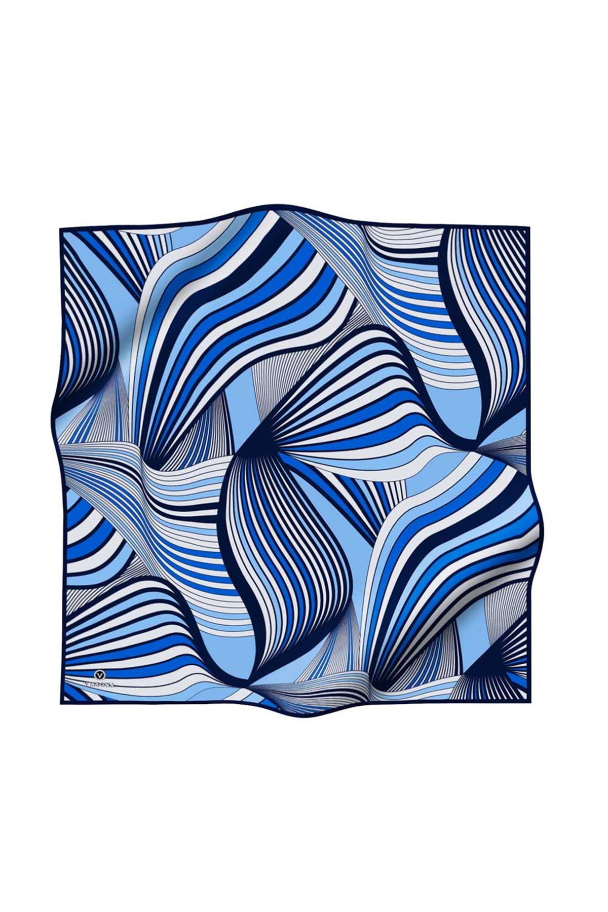 %100 Twill İpek Okyanus Dalgası Desenli Lacivert - İndigo Renkli 90x90 Eşarp Kenar Dikiş Şekli El Dikişli