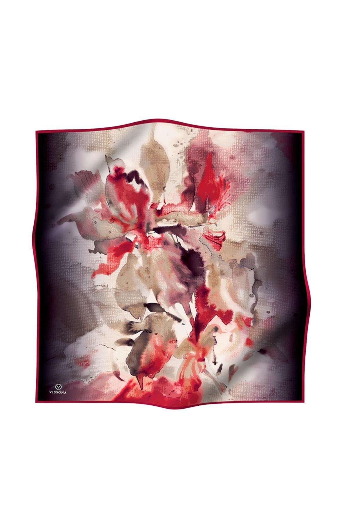 %100 Twill İpek Suluboya Çiçek Desenli Hardal - Bordo Renkli 90x90 Eşarp Dikim Şekli : El Dikişi