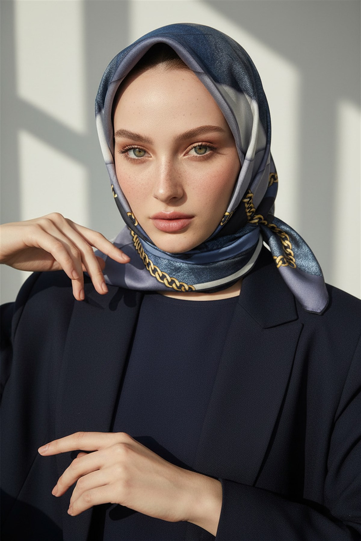 %100 Twill İpek Taş Efekti Desenli İndigo - Siyah Renkli 90x90 Eşarp Dikim Şekli : El Dikişi