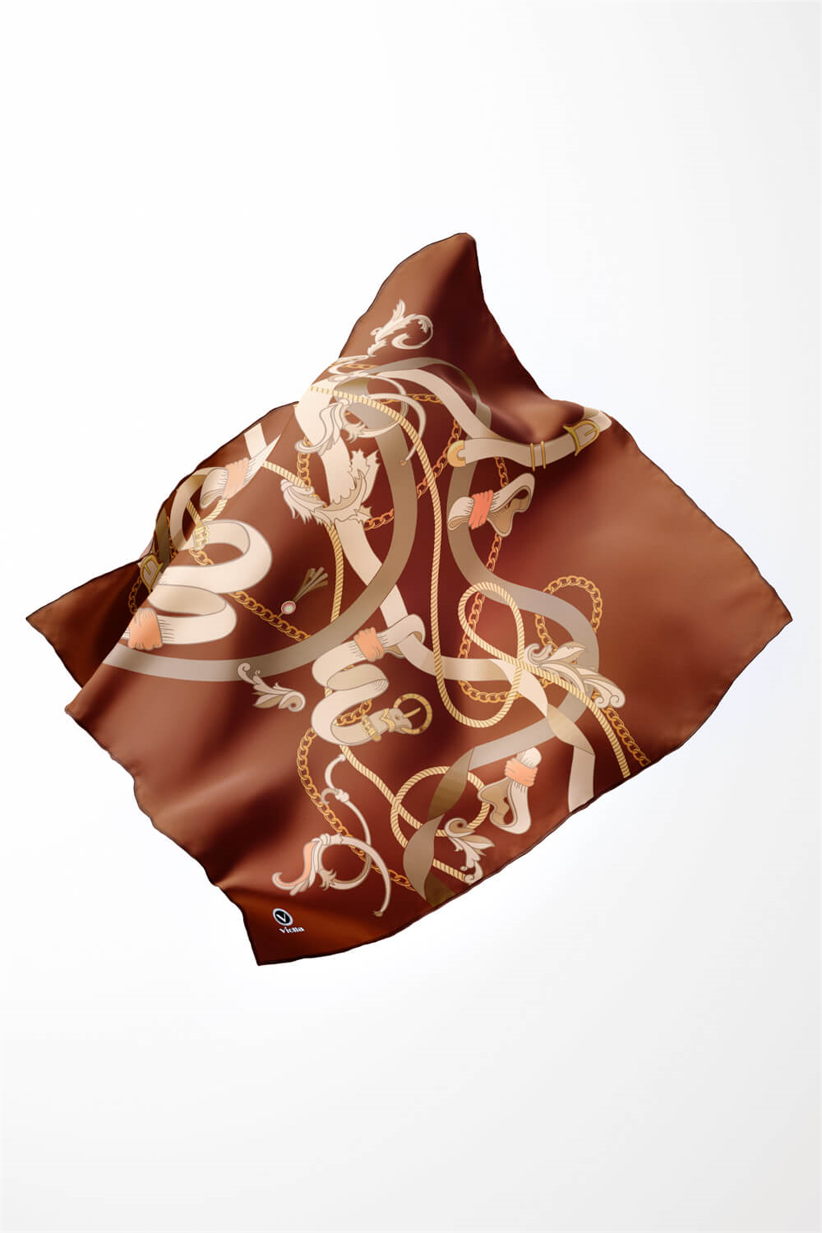 Twill Kemerli Ve Zincir Desenli Taba Renkli 90x90 Eşarp (İpek İçermez) Kenar Dikiş Şekli El Dikişli