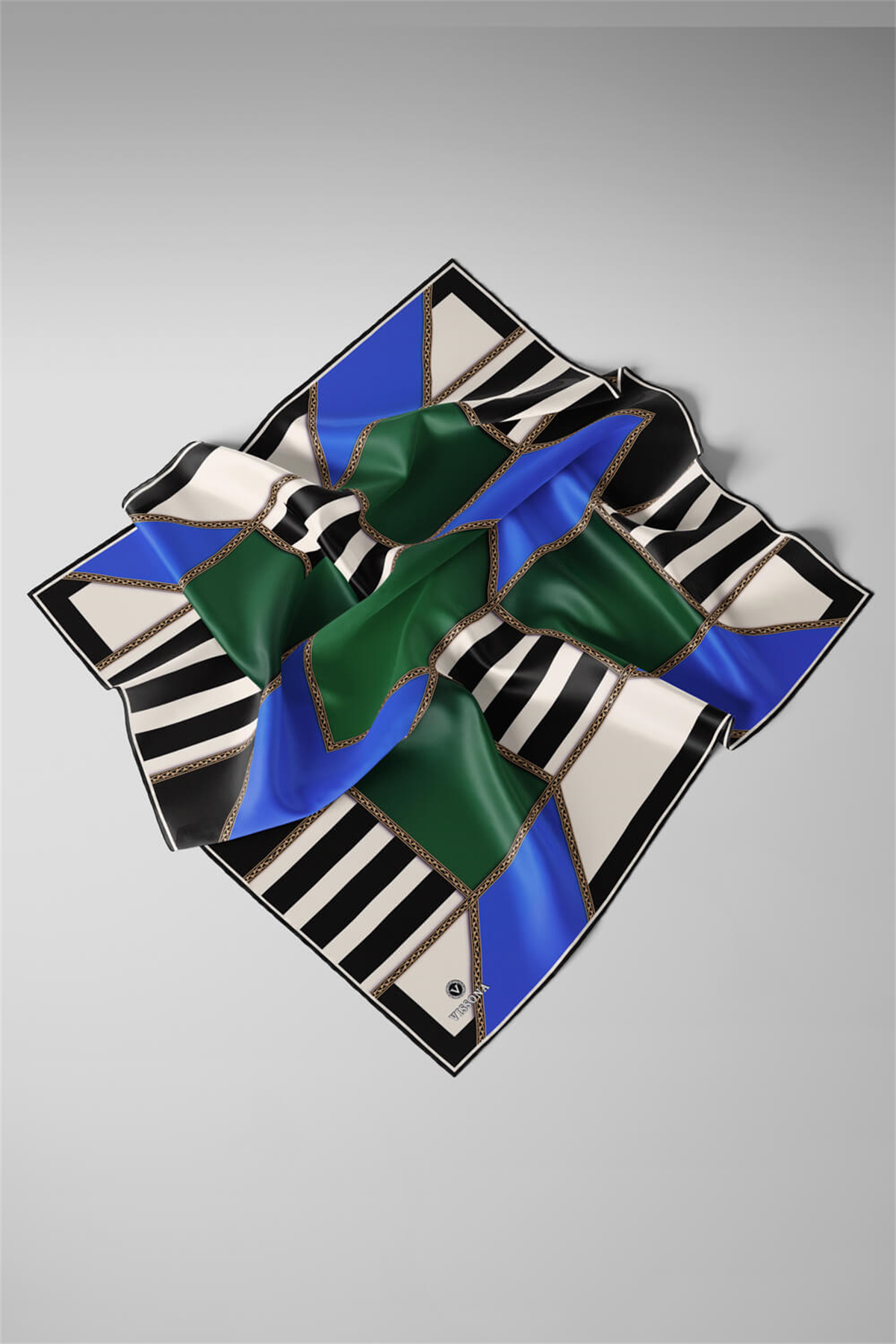 %100 Twill İpek Geometrik Desenli Saks - Zümrüt Yeşili Renkli 90x90 Eşarp Dikim Şekli : El Dikişi