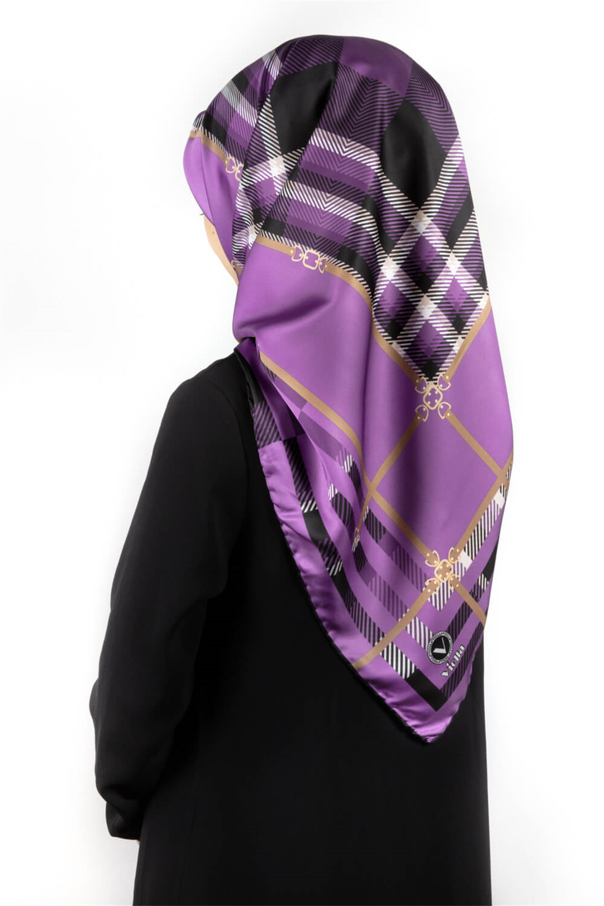 Twill Kemerli ve Ekose Desenli Lila Renkli 90x90 Eşarp (İpek İçermez)Kenar Dikiş Şekli El Dikişli