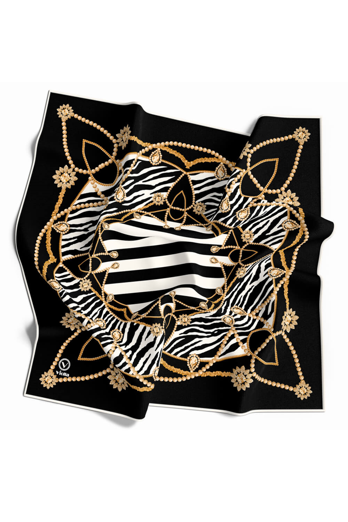 Twill Gold Detaylı Zebra Desenli Siyah Renkli 90x90 Eşarp (İpek İçermez) Kenar Dikiş Şekli El Dikişli