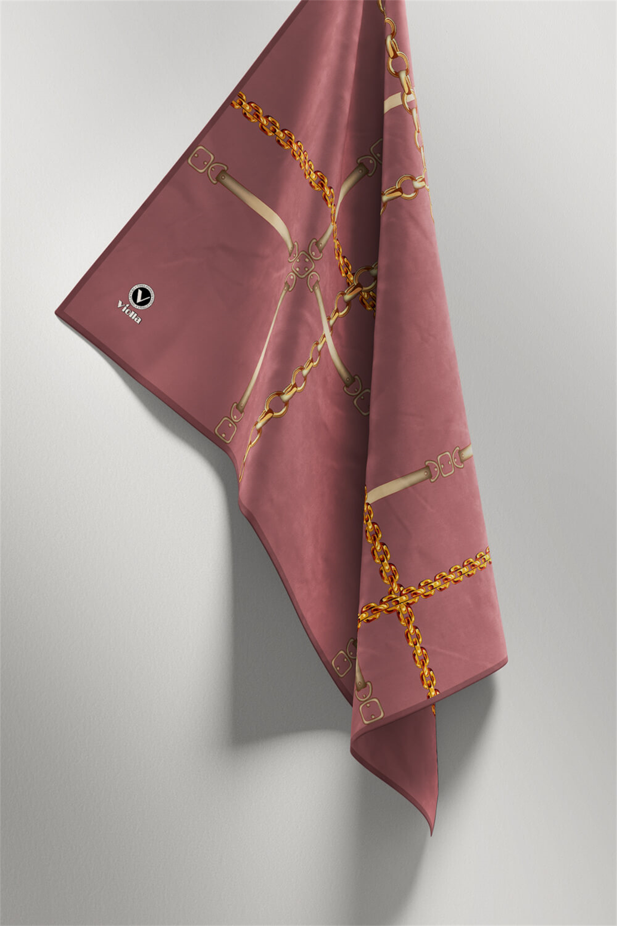 Twill Zincir ve Kemer Desenli Gül Kurusu Renkli 90x90 Eşarp (İpek İçermez) Kenar Dikiş Şekli El Dikişli