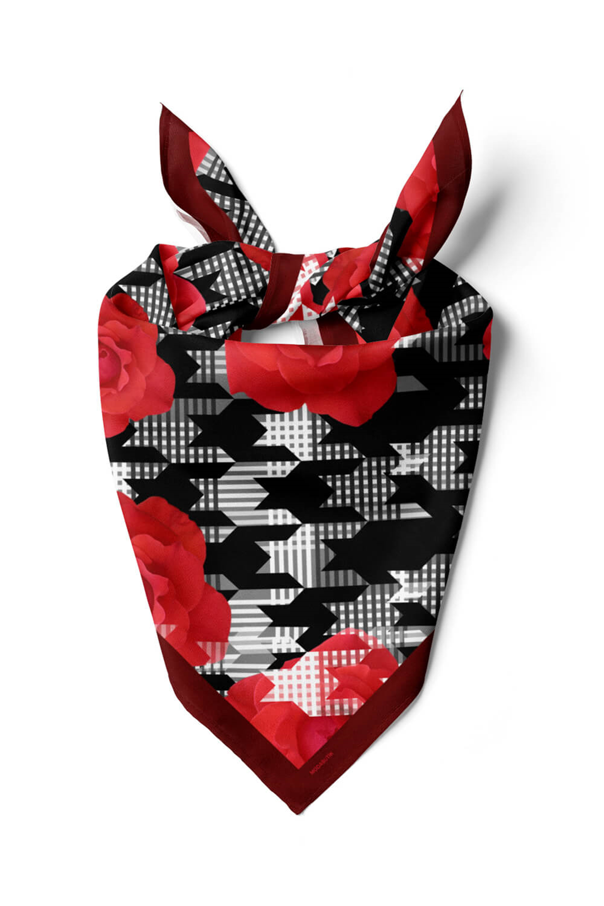 V19 Kadın Gül Desenli Bandana 50x50 Kırmızı Siyah Beyaz DG0441-22