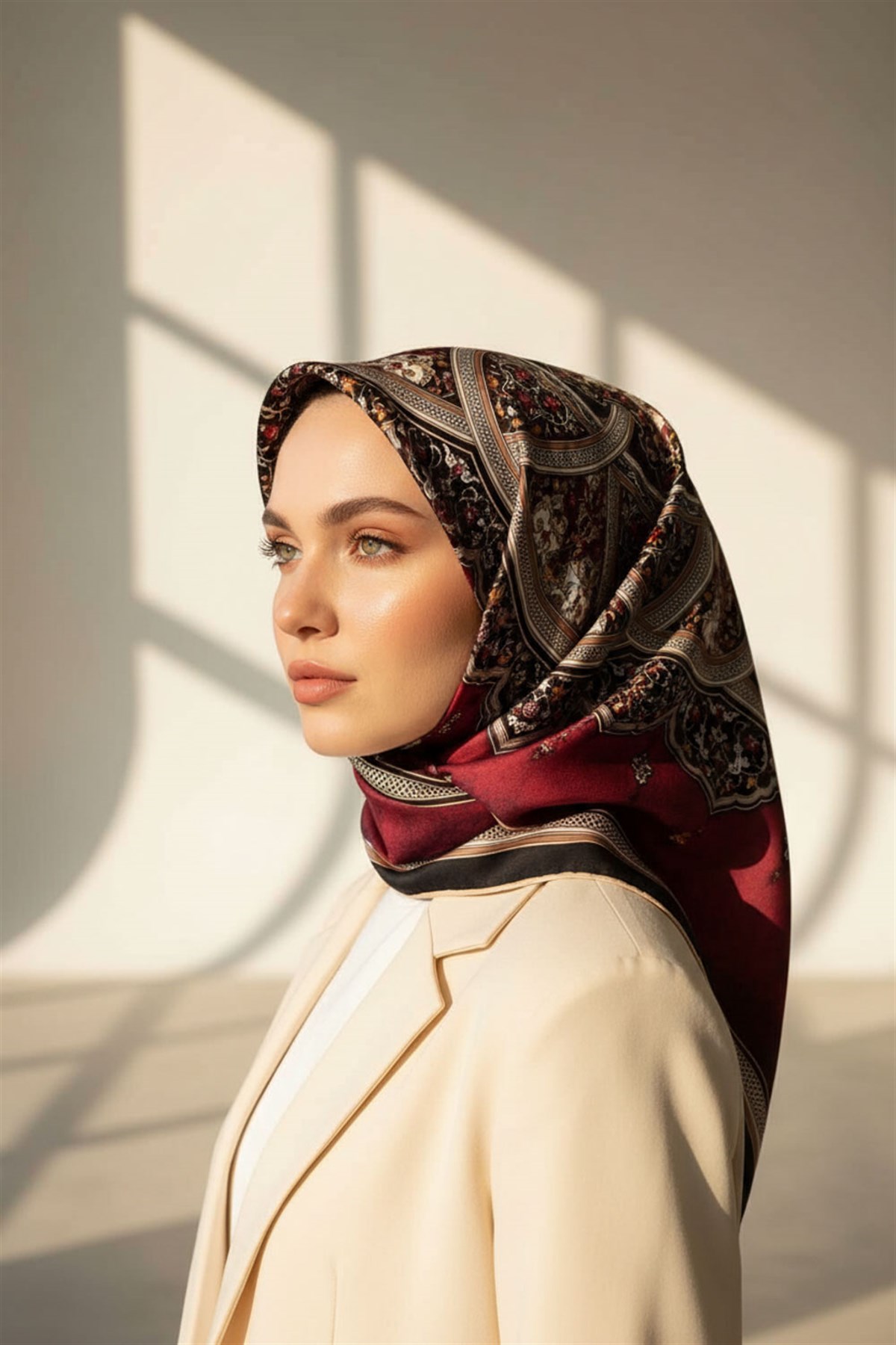%100 Twill İpek Şal Desenli Bordo - Siyah Renkli 90x90 Eşarp Dikim Şekli : El Dikişi