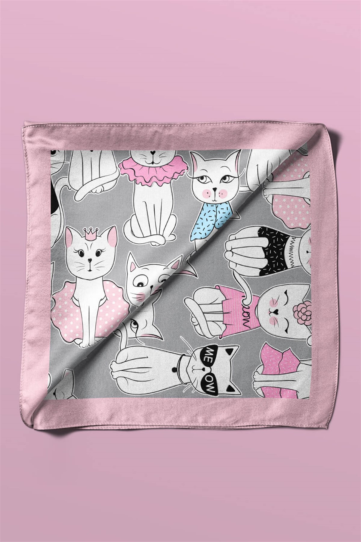 Violla B85 Kadın Kedi Desenli Bandana 50x50 Siyah Beyaz Pembe DG0411-22 Snz