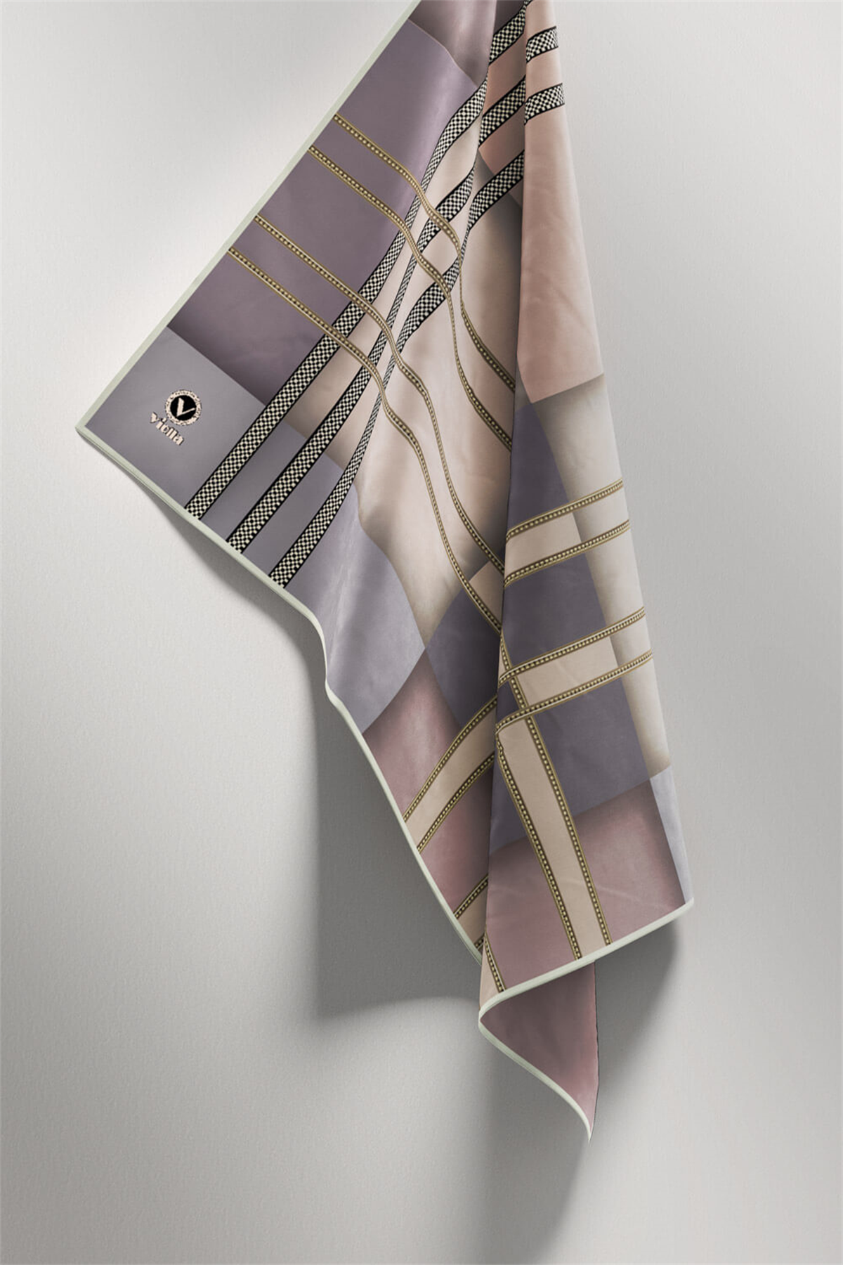 Twill Geometrik Desenli Bej Renkli 90x90 Eşarp (İpek İçermez) Kenar Dikiş Şekli El Dikişli