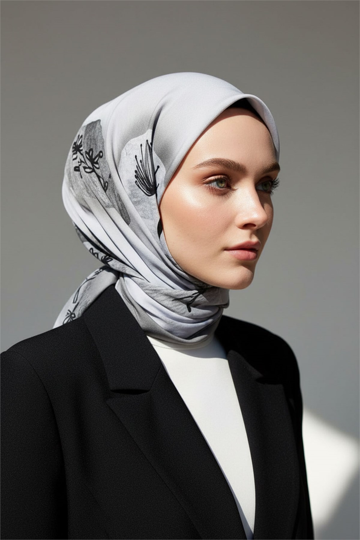 KREP FIRÇA DOKULU ÇİZGİ ÇİÇEK DESENLİ GRİ RENKLİ 75X195 KIRIŞMAZ ŞAL