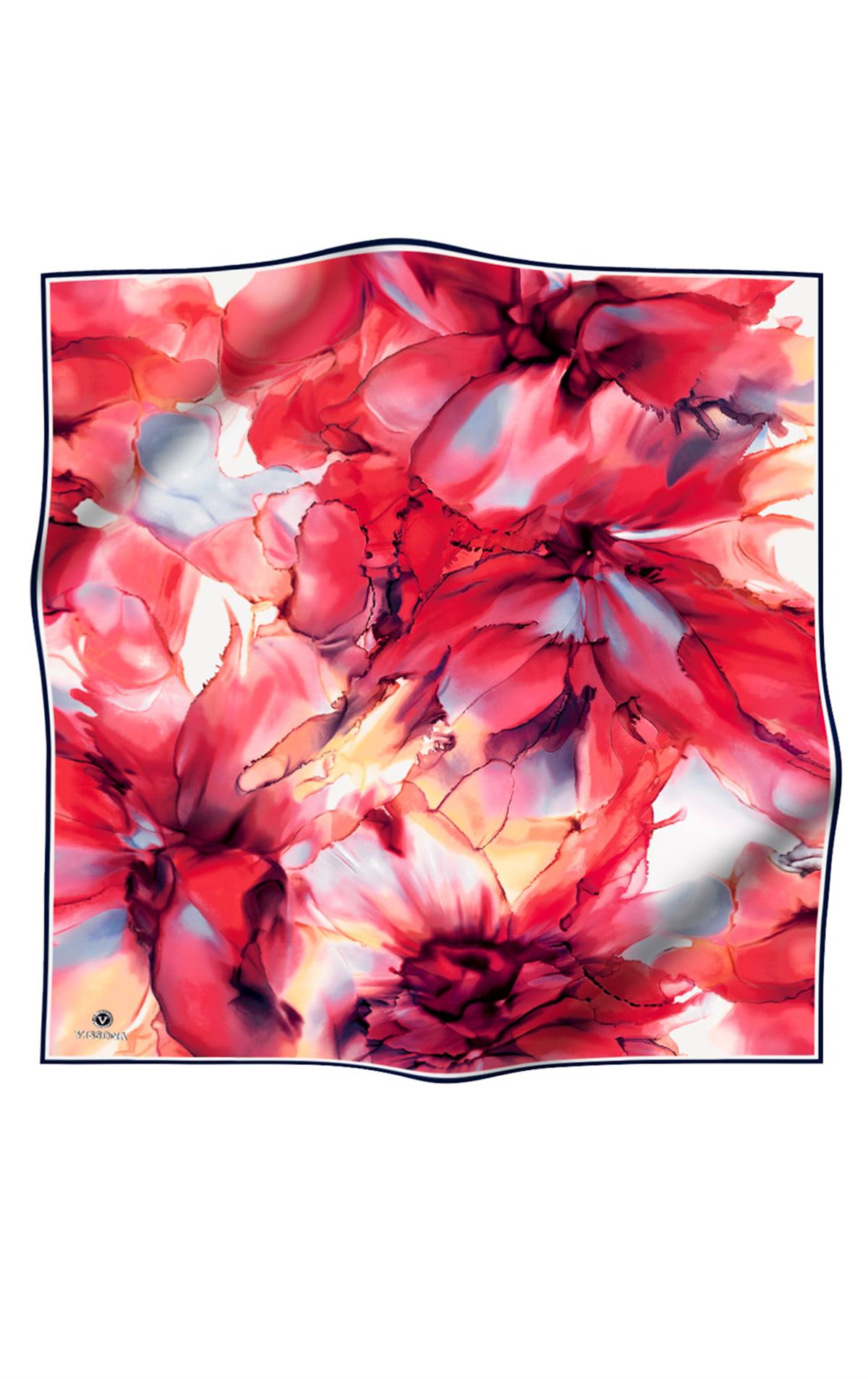 %100 Twill İpek Batik Çiçek Desenli Kırmızı - Lacivert Renkli 90x90 Eşarp Kenar Dikiş Şekli El Dikişli