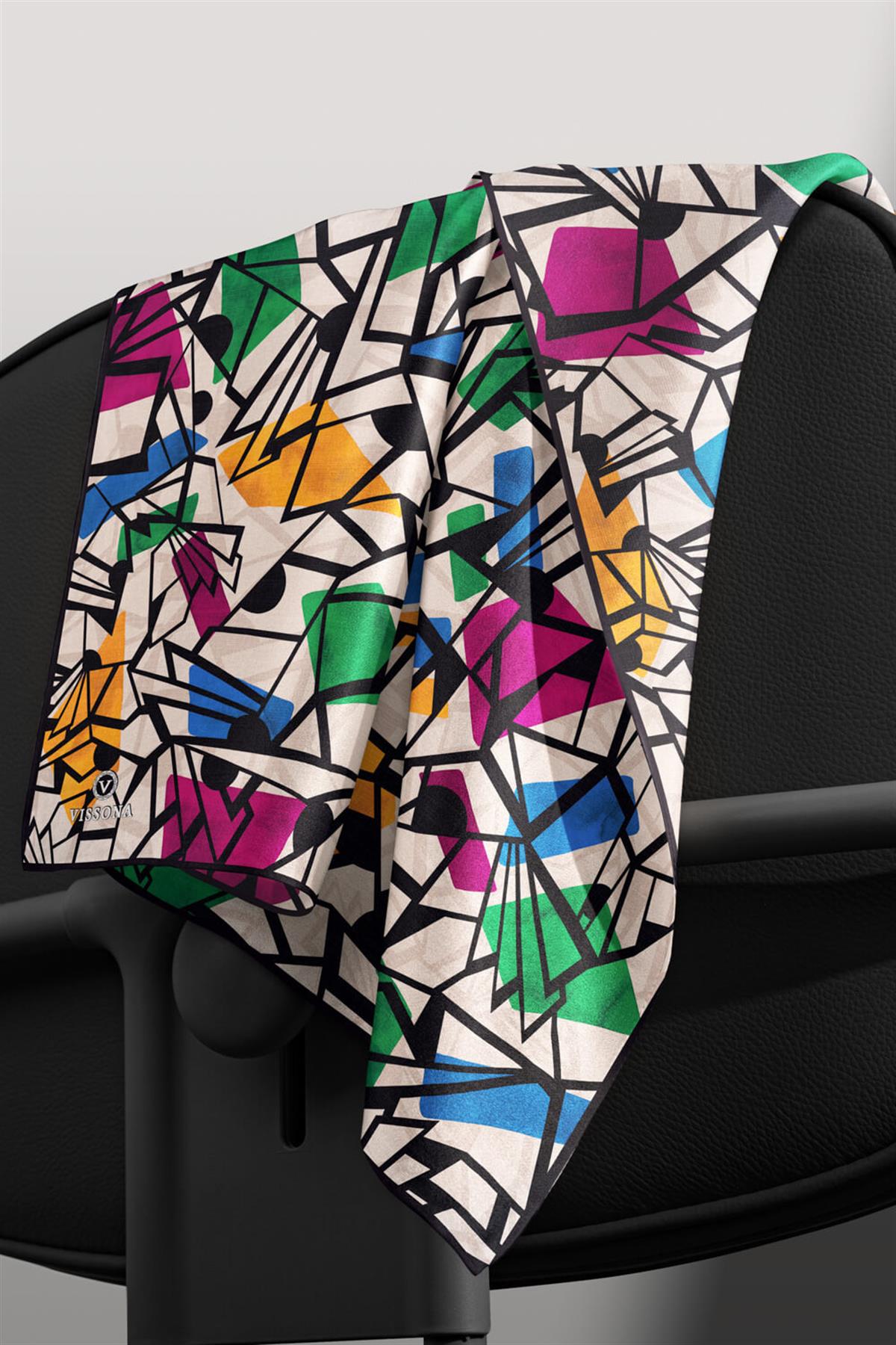 %100 Twill Renkli Petek Desenli Fuşya - Benetton Yeşili Renkli 90x90 Eşarp Dikim Şekli: El Dikişii