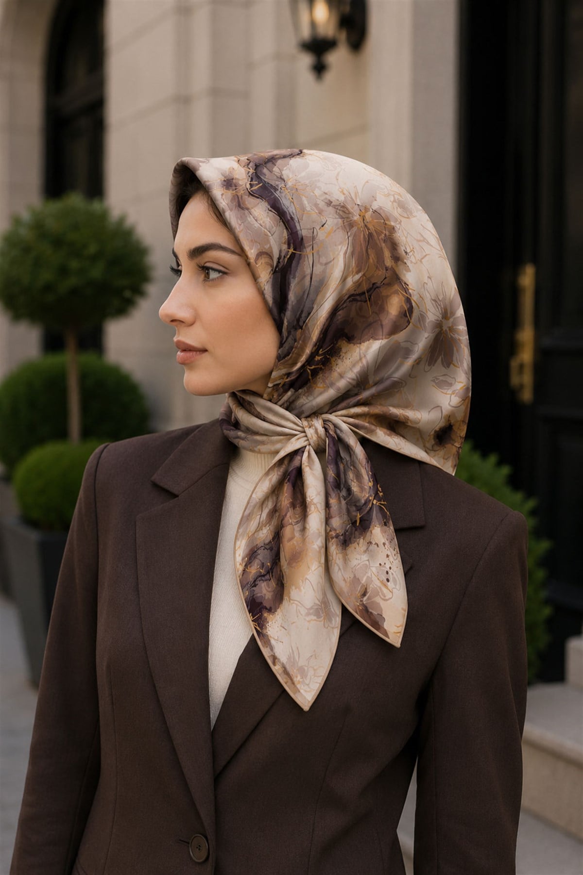 %100 Twill İpek Çiçekli Sulu Boya Dalga Desenli Bej - Hardal Renkli 90x90 Eşarp Dikim Şekli : El Dikişi