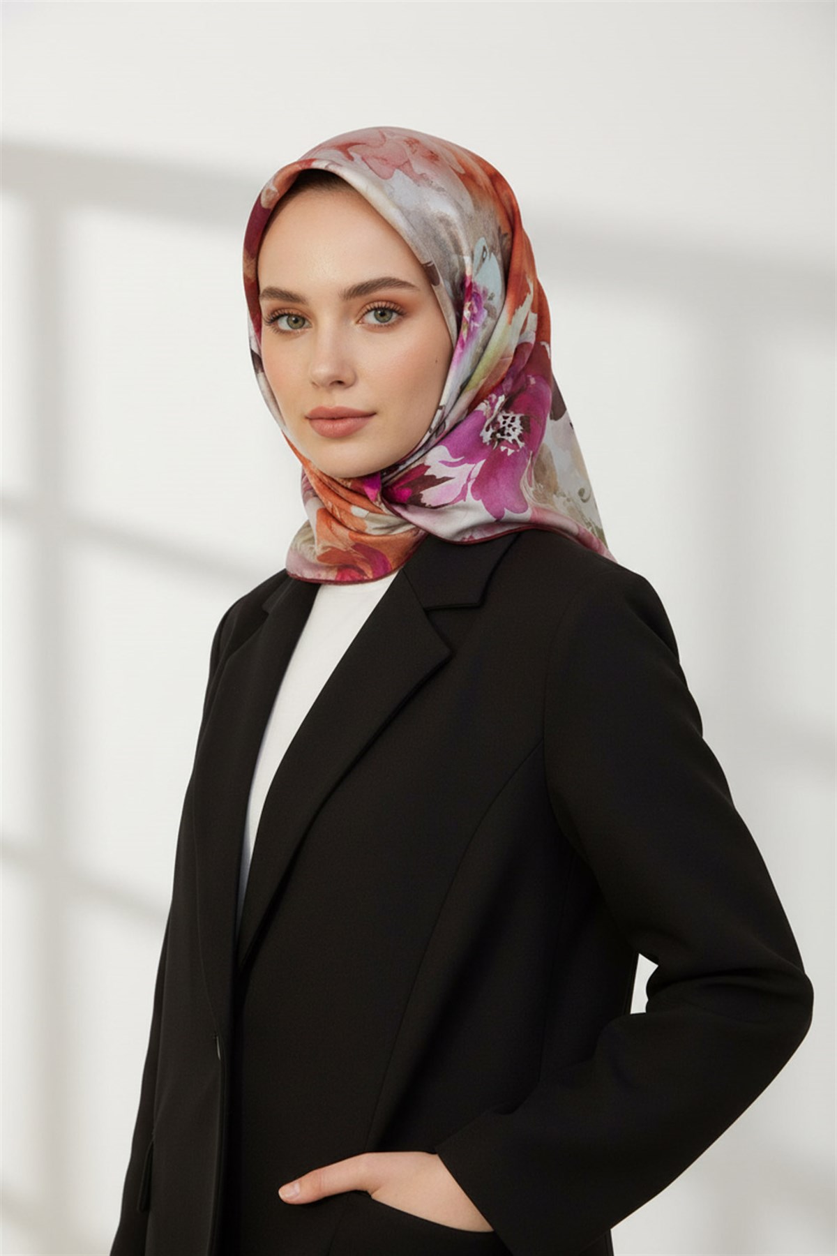 %100 Twill İpek Çiçek  Desenli Bordo - Kırmızı Renkli 90x90 Eşarp Dikim Şekli : El Dikişi