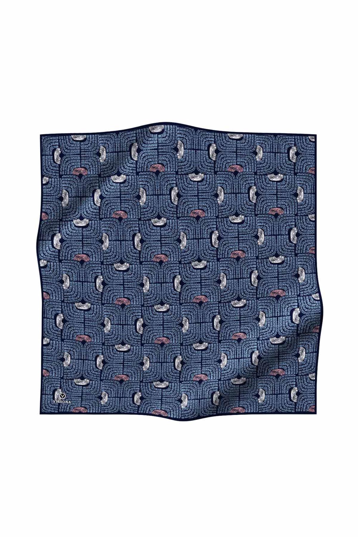 %100 Twill İpek Geometrik Desenli İndigo - Siyah Renkli 90x90 Eşarp Dikim Şekli : El Dikişi