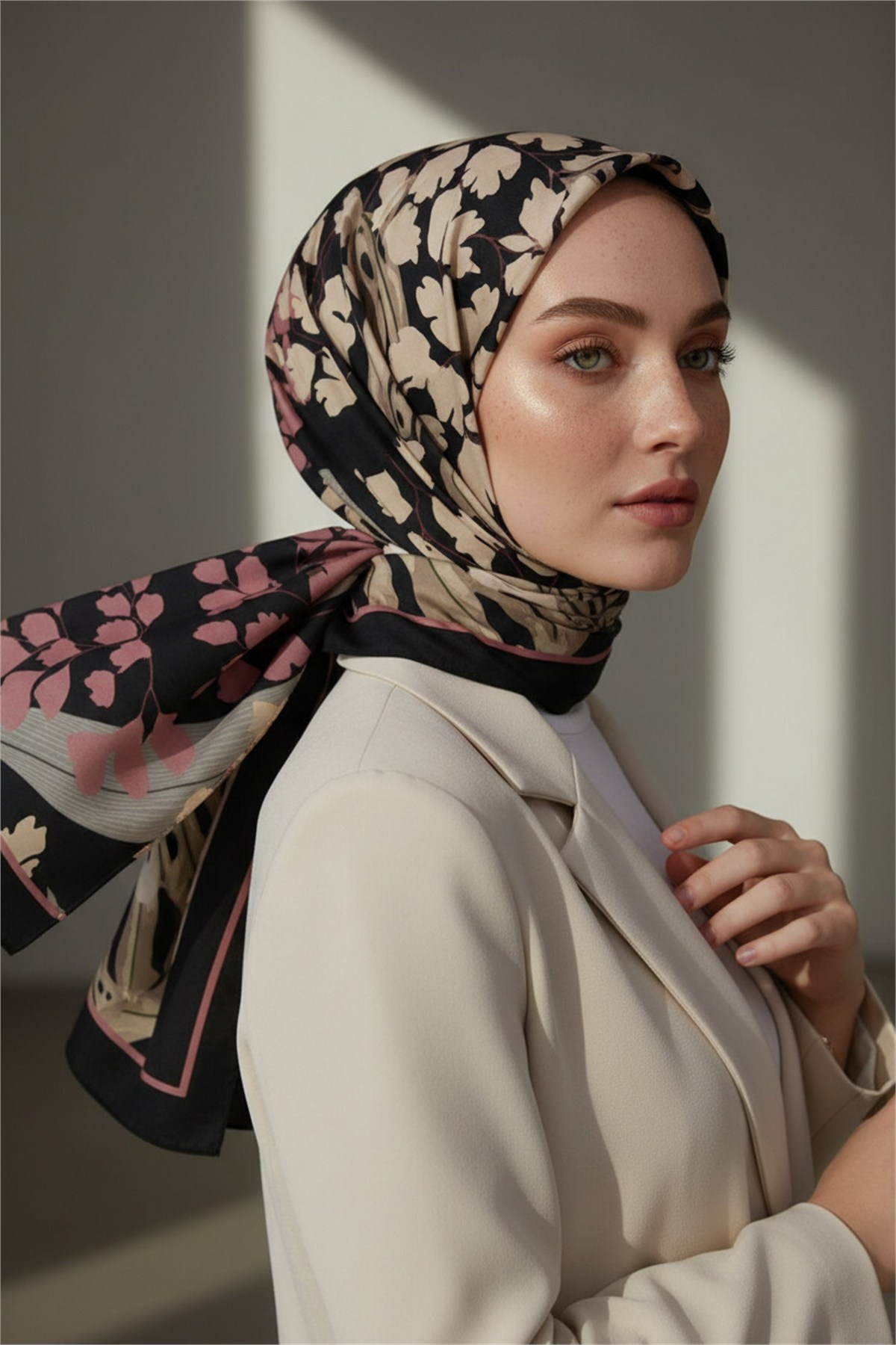 KREP YAPRAK DESENLİ GRİ - PUDRA RENKLİ 75X195 KIRIŞMAZ ŞAL