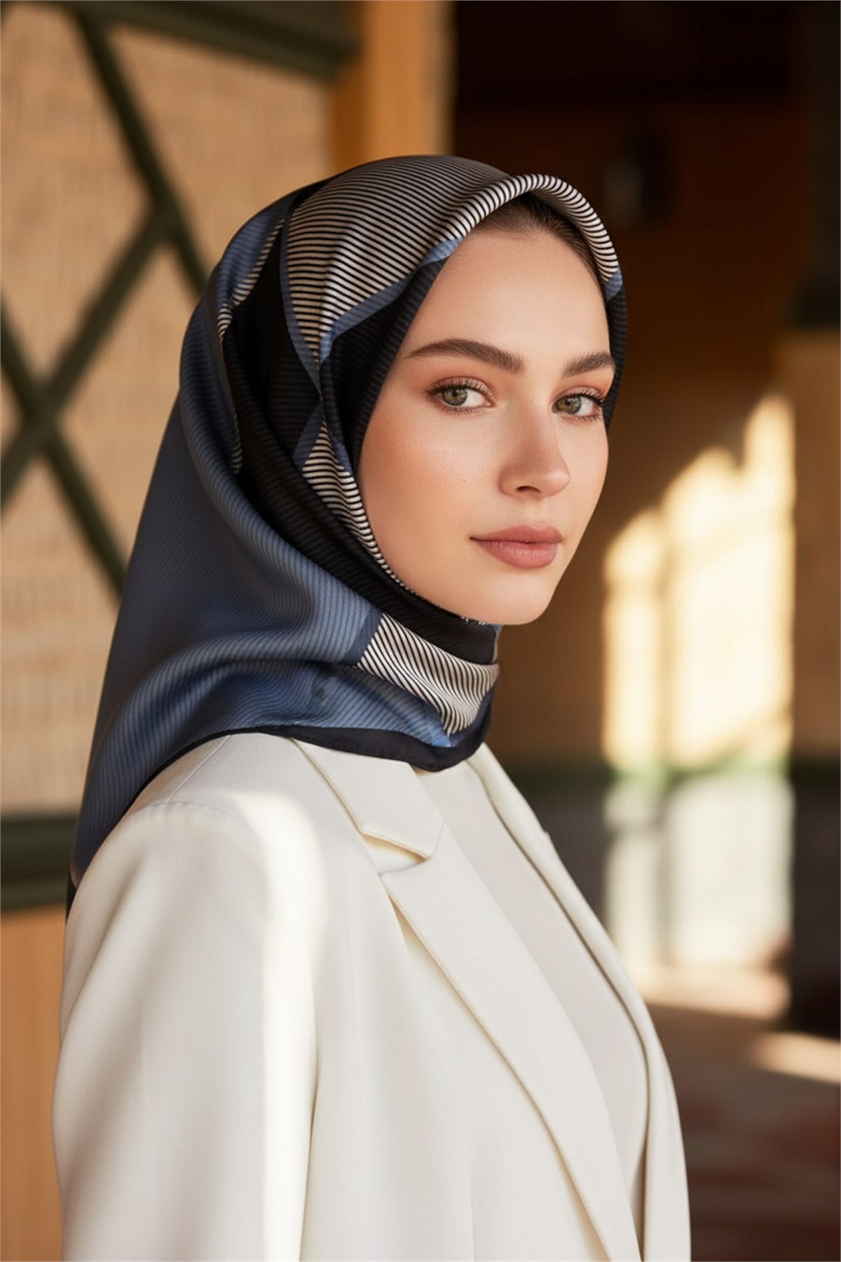 %100 Twill İpek Geometrik Desenli İndigo Renkli 90x90 Eşarp Dikim Şekli : El Dikişi