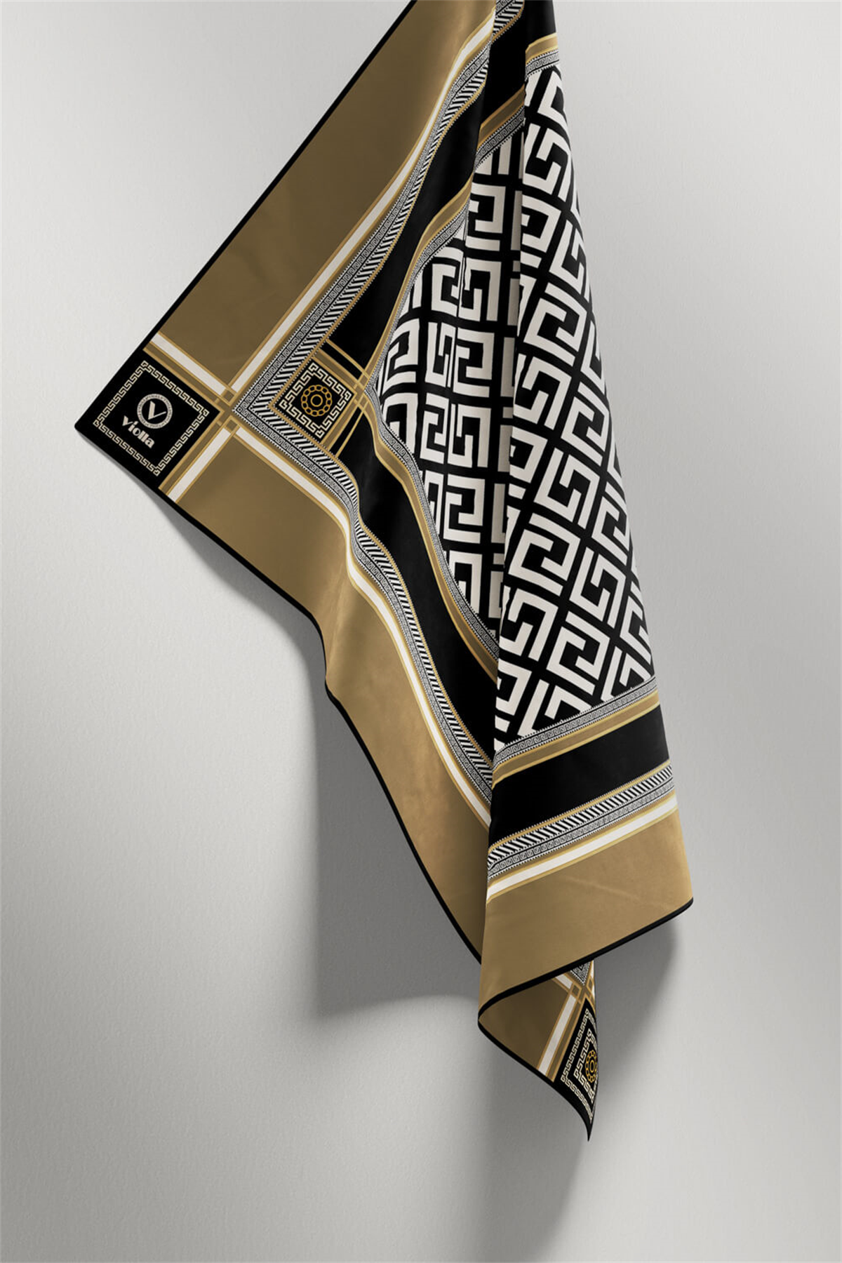 Twill Antik Desenli Bej Renkli 90x90 Eşarp (İpek İçermez) Kenar Dikiş Şekli El Dikişli
