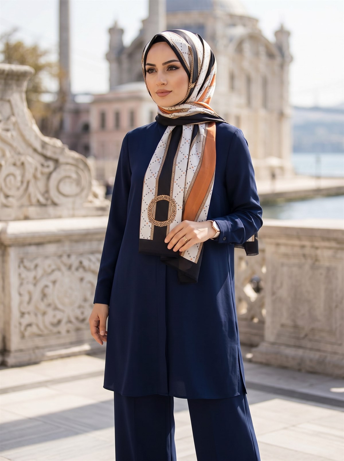 %100 Saf İpek Şal İnce Saten Vual Dokuma Kemer Desenli Taba - Siyah Renkli 90x210 Şal