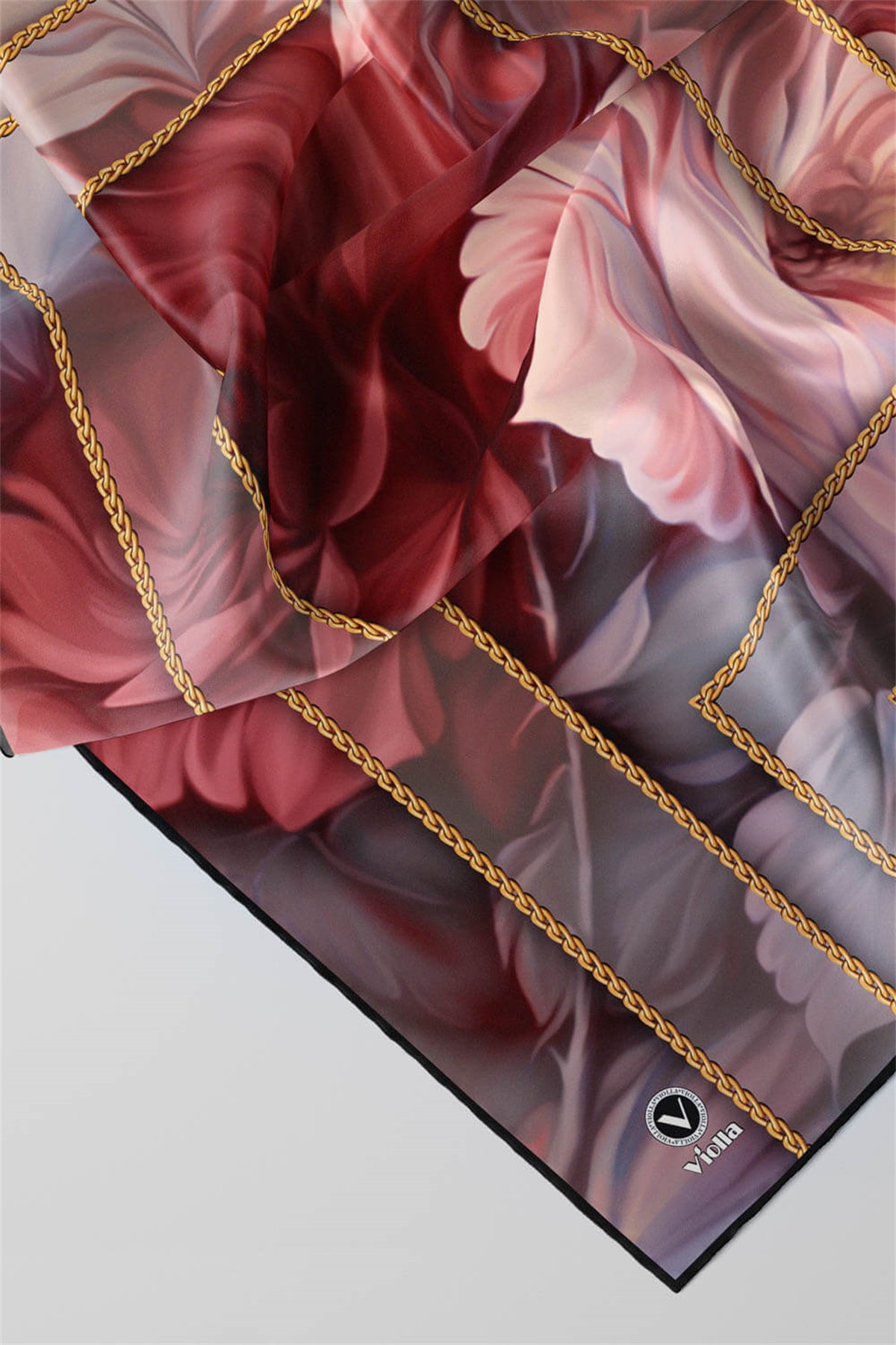Twill Gül Desenli Pudra - Bebe Mavisi Renkli 90x90 Eşarp (İpek İçermez) Kenar Dikiş Şekli El Dikişli
