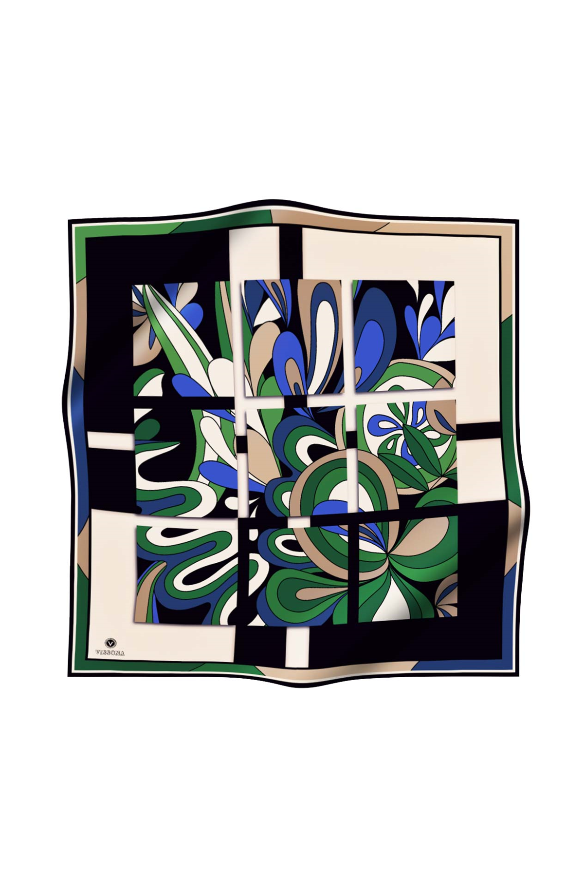 % 57 İPEK % 43 VİSKON Twill İpek Geometrik Desenli Saks - Zümrüt Yeşili Renkli 90x90 Dikim Şekli : El Dikişi Eşarp