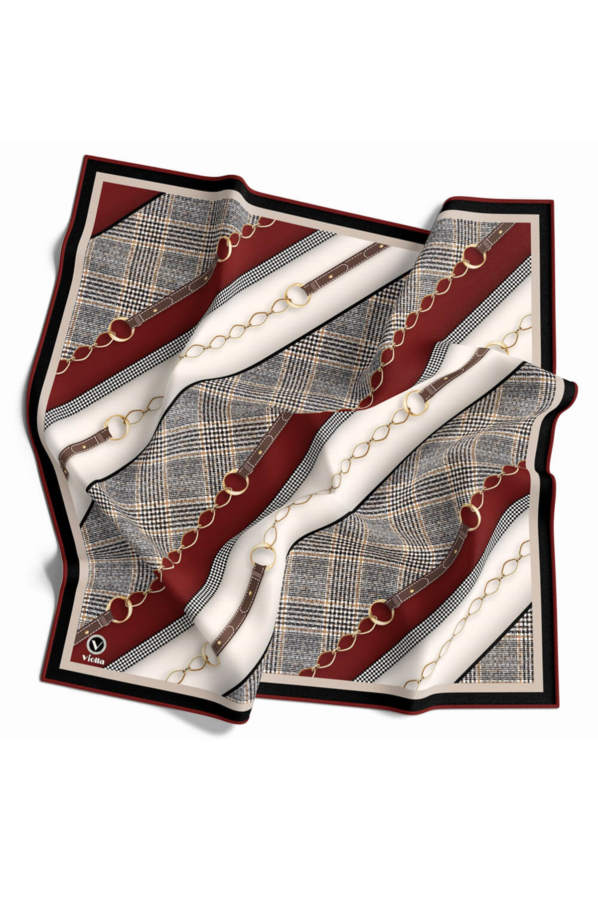 Twill Kemer Desenli Bordo Renkli 90x90 Eşarp (İpek İçermez) Kenar Dikiş Şekli El Dikişli