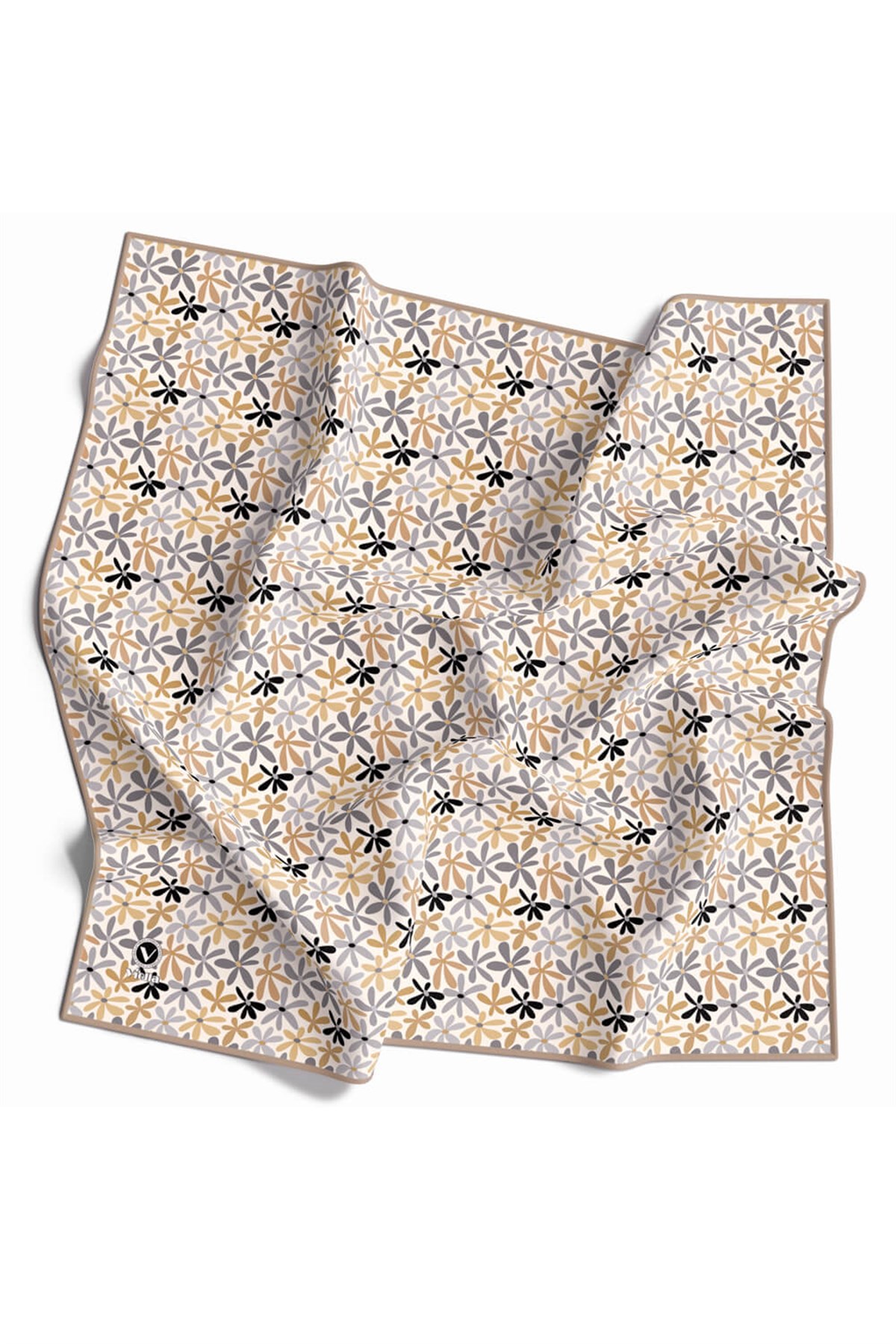 Twill Renkli Çiçek Desenli Bej Renkli 90x90 Eşarp (İpek İçermez) Kenar Dikiş Şekli El Dikişli