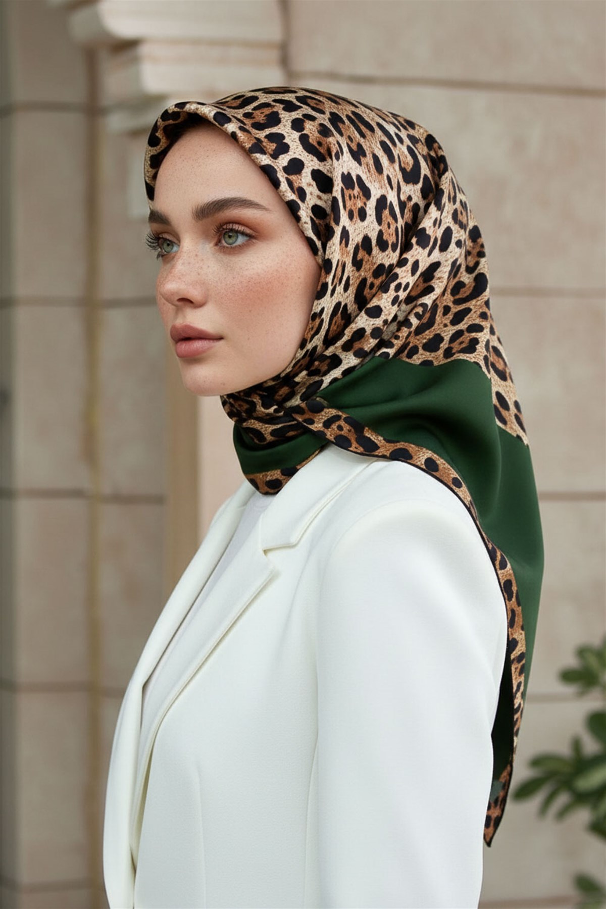 %100 Twill İpek Leopar Desenli Zümrüt Yeşili Renkli 90x90 Eşarp Dikim Şekli : El Dikişi